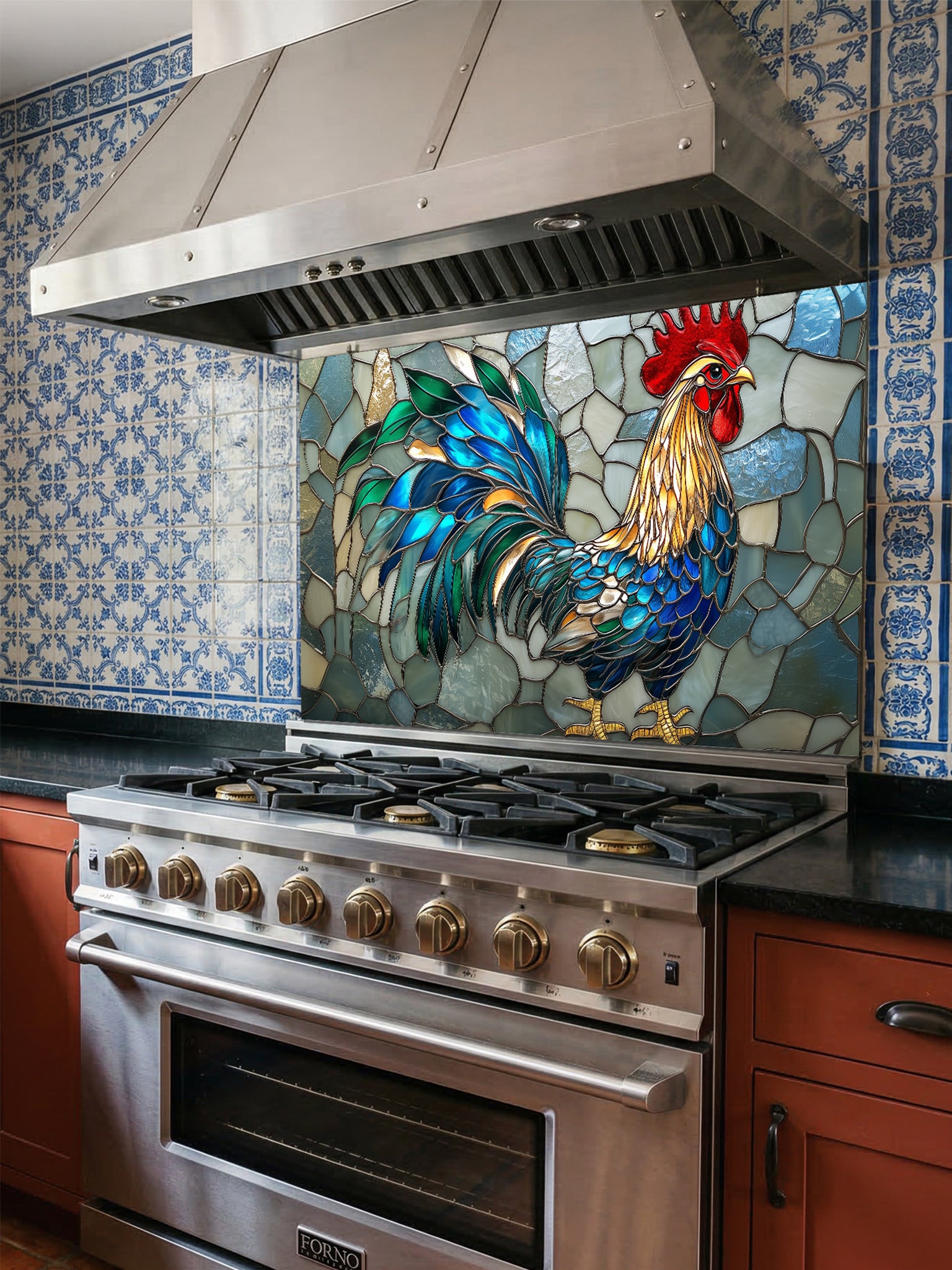 Tempered glass kitchen backsplash featuring a vibrant faux stained glass design of a rooster with striking teal and blue tail feathers against a light icy blue mosaic background, installed behind a modern stainless steel stove.