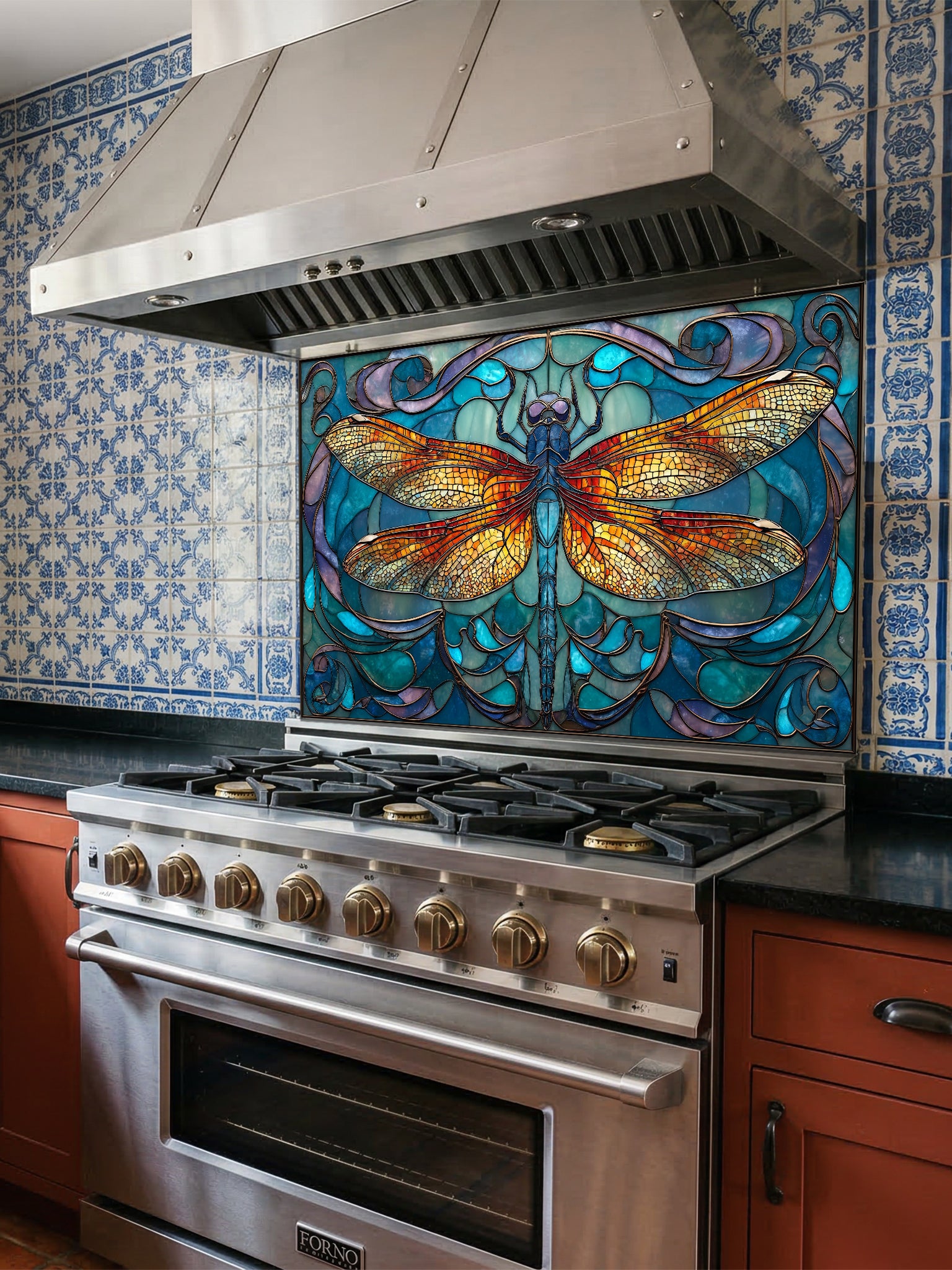 Tempered glass kitchen backsplash featuring a highly realistic 3D illusion of Art Nouveau stained glass showing a magnificent, symmetrical dragonfly with vibrant amber and gold wings set against a swirling teal, blue, and purple patterned background, installed behind a modern black stove.