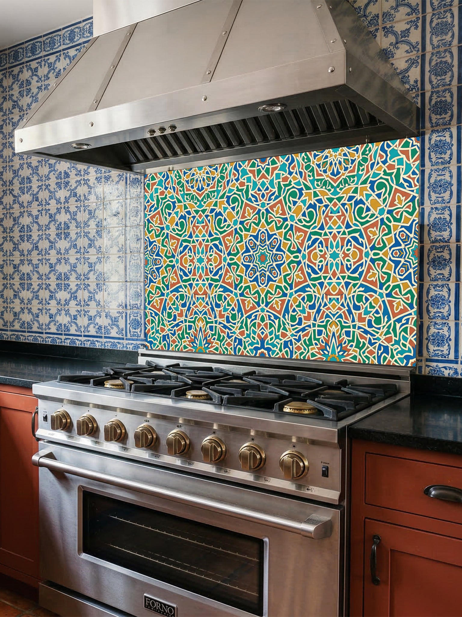 Stainless steel oven with colorful patterned backsplash in a kitchen setting