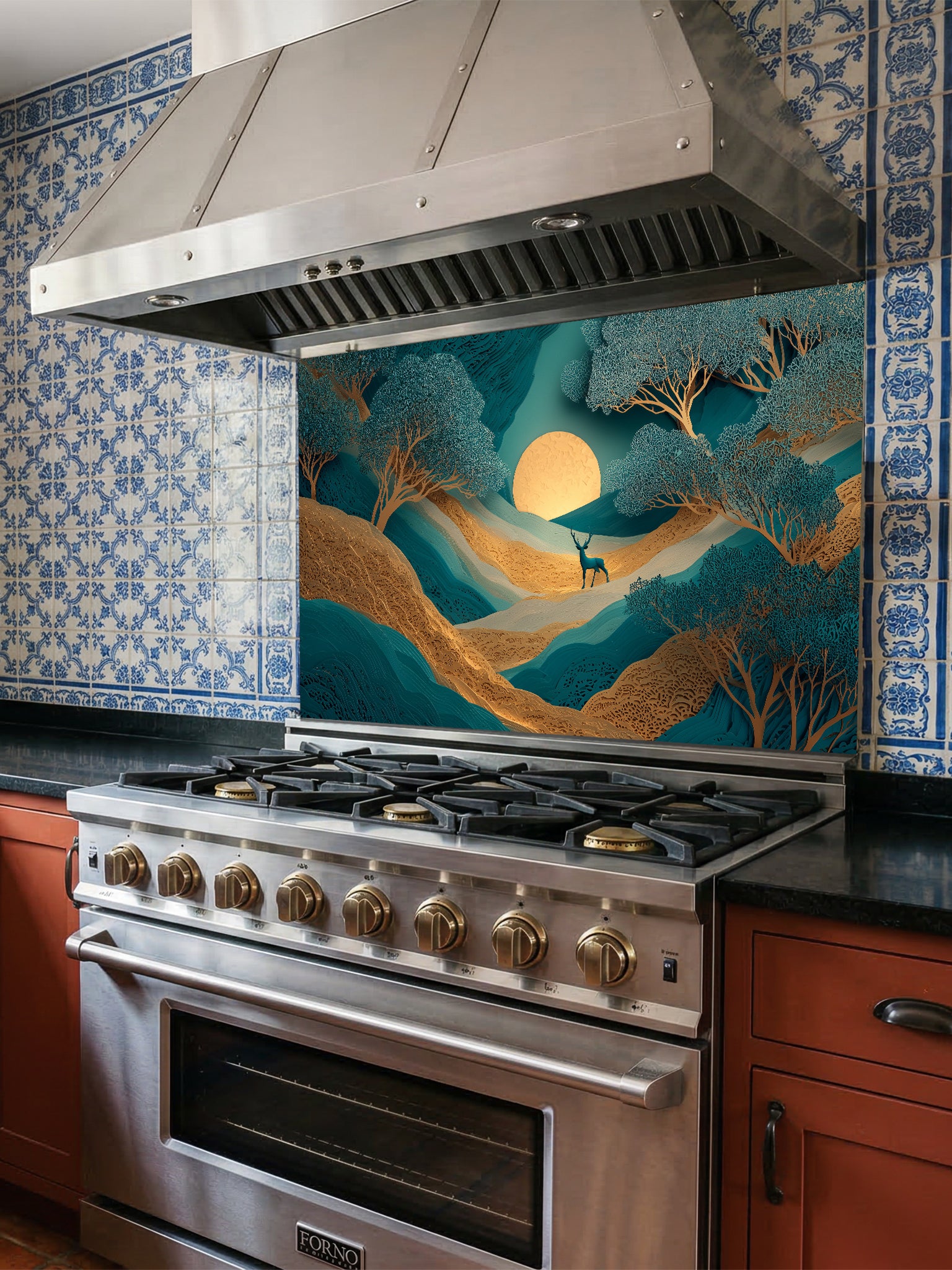 Faux 3D layered paper art of a mystical teal and gold forest with a deer and glowing moon, UV printed on a smooth tempered glass kitchen backsplash, installed behind a modern stove.