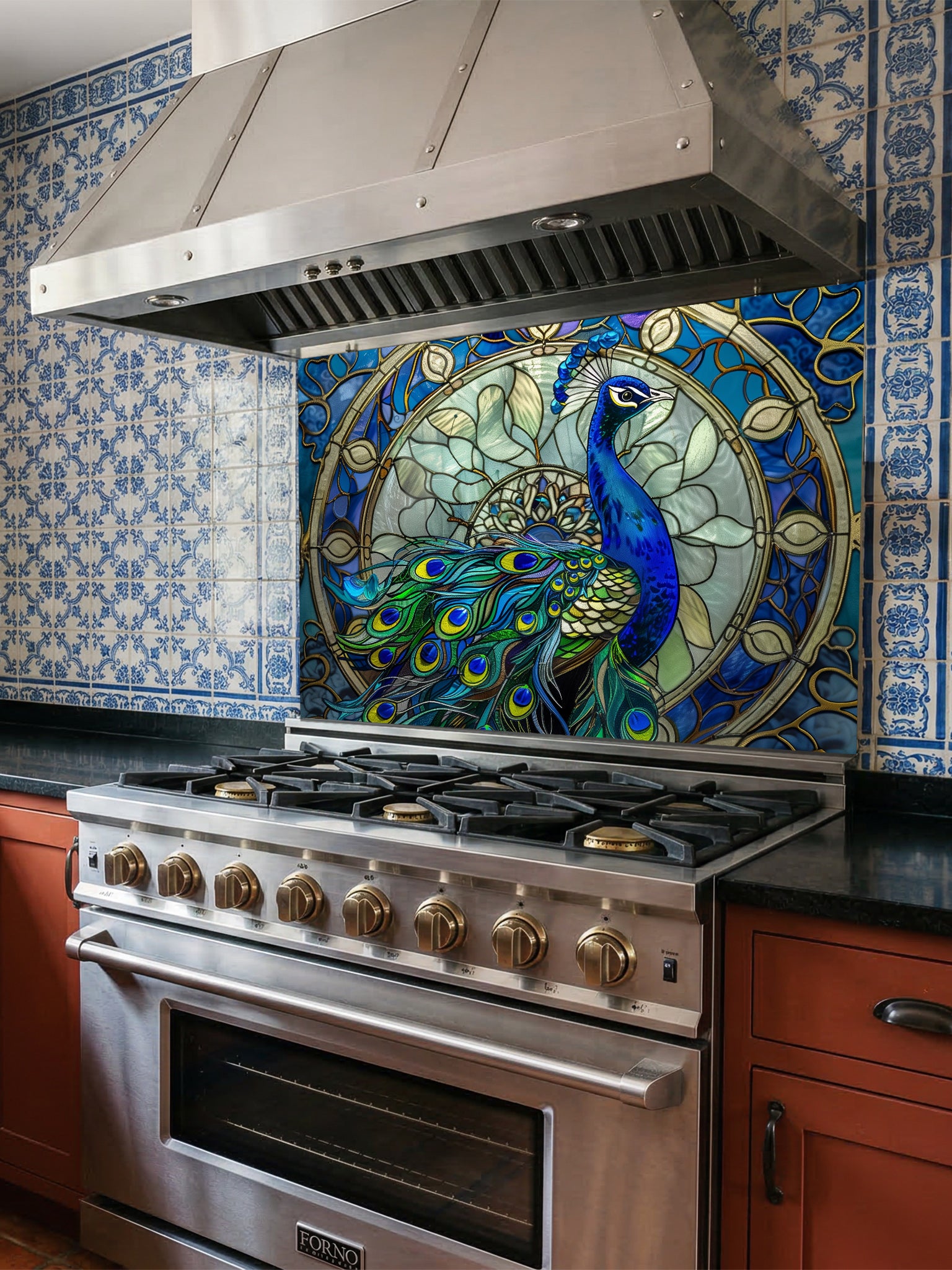 Tempered glass kitchen backsplash featuring a highly realistic 3D illusion of Art Nouveau stained glass showing a majestic royal blue peacock against an intricate circular mandala background with gold outlines, installed behind a modern stainless steel stove.