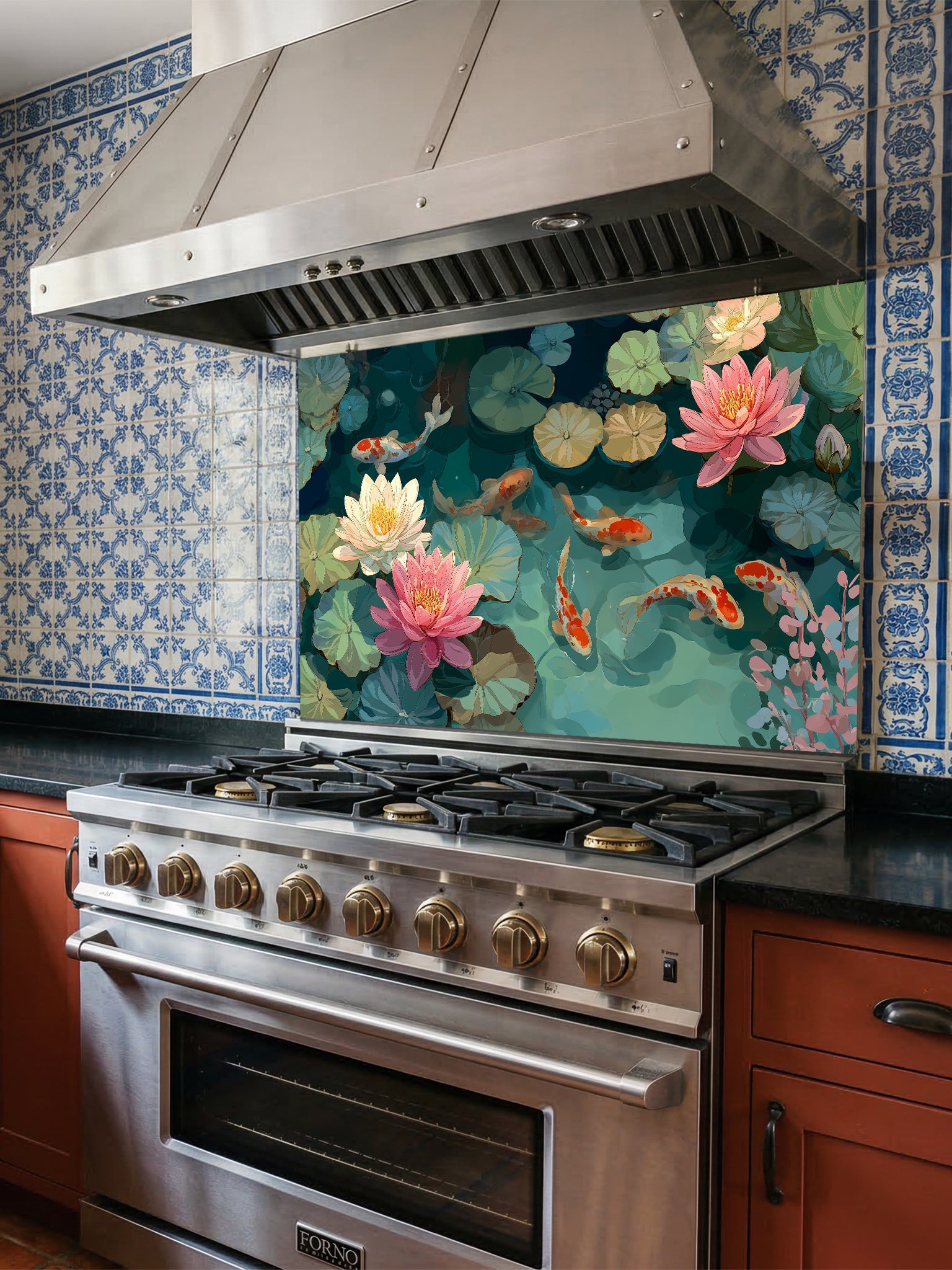 Serene illustration of orange koi fish swimming among pink lotus flowers and green lily pads, UV printed on a smooth tempered glass kitchen backsplash, installed behind a modern stove.