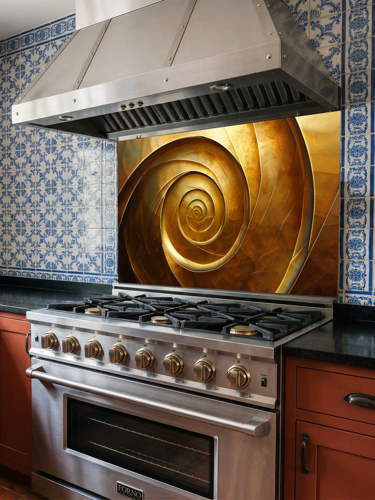 Tempered glass kitchen backsplash featuring a highly realistic 3D illusion of an abstract metallic golden spiral or vortex with deep shadows and glowing bronze highlights, installed behind a modern black stove.