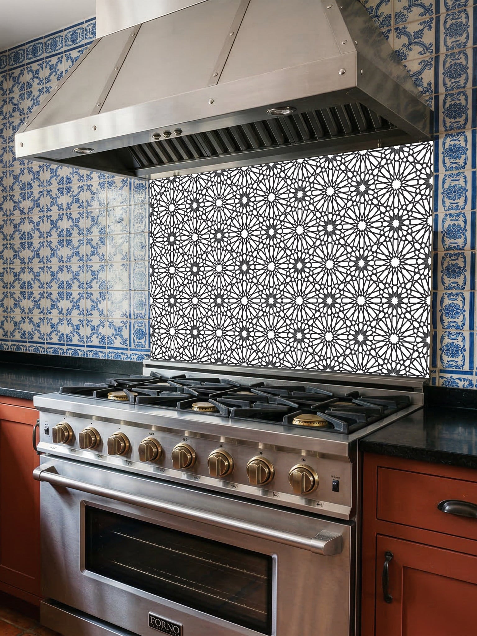 Stainless steel oven with decorative backsplash in a kitchen setting
