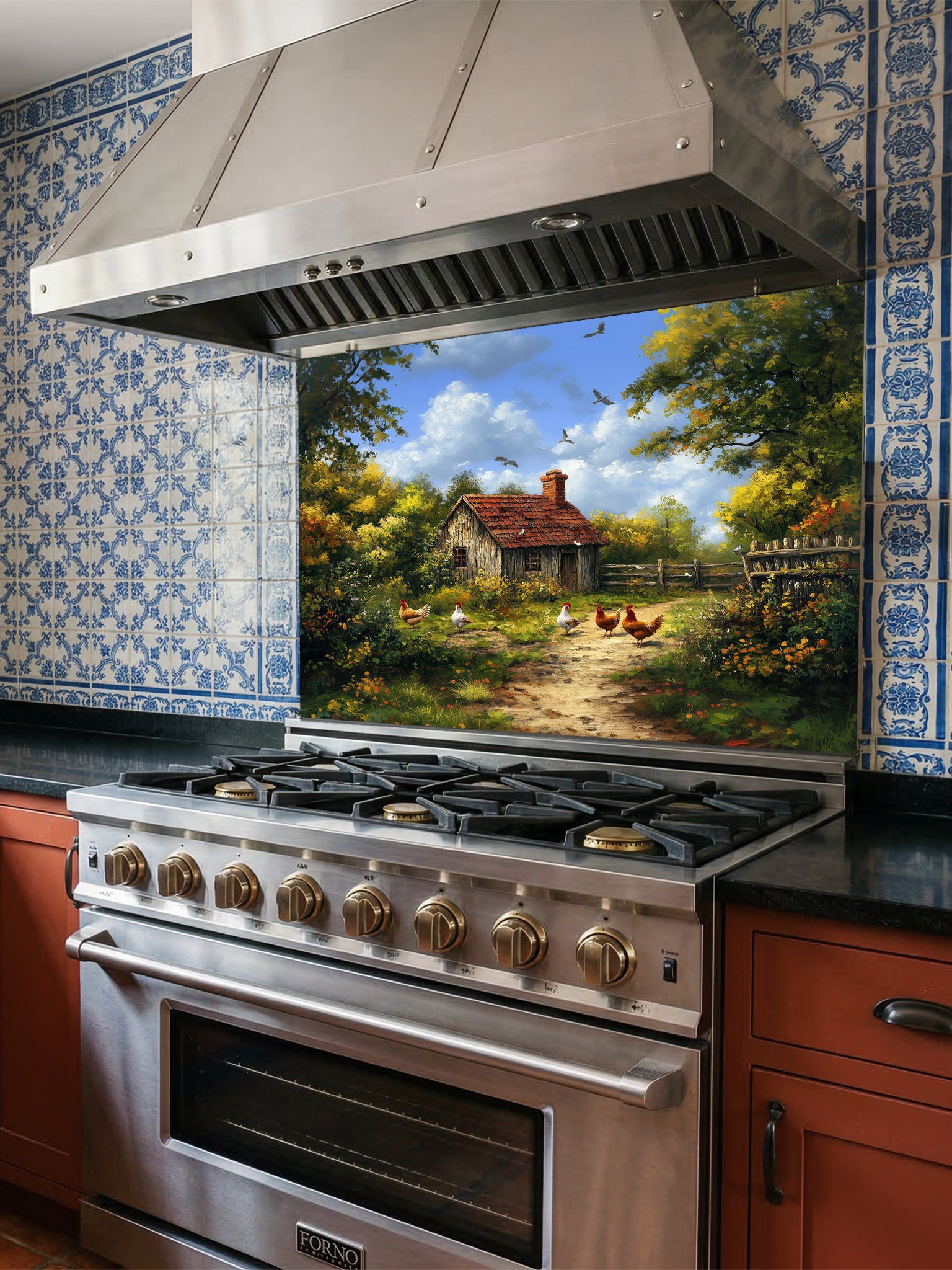 Tempered glass kitchen backsplash featuring a highly realistic illusion of a vintage oil painting showing a rustic farmhouse, lush green trees, and chickens on a dirt path under a blue sky, installed behind a modern stainless steel stove.