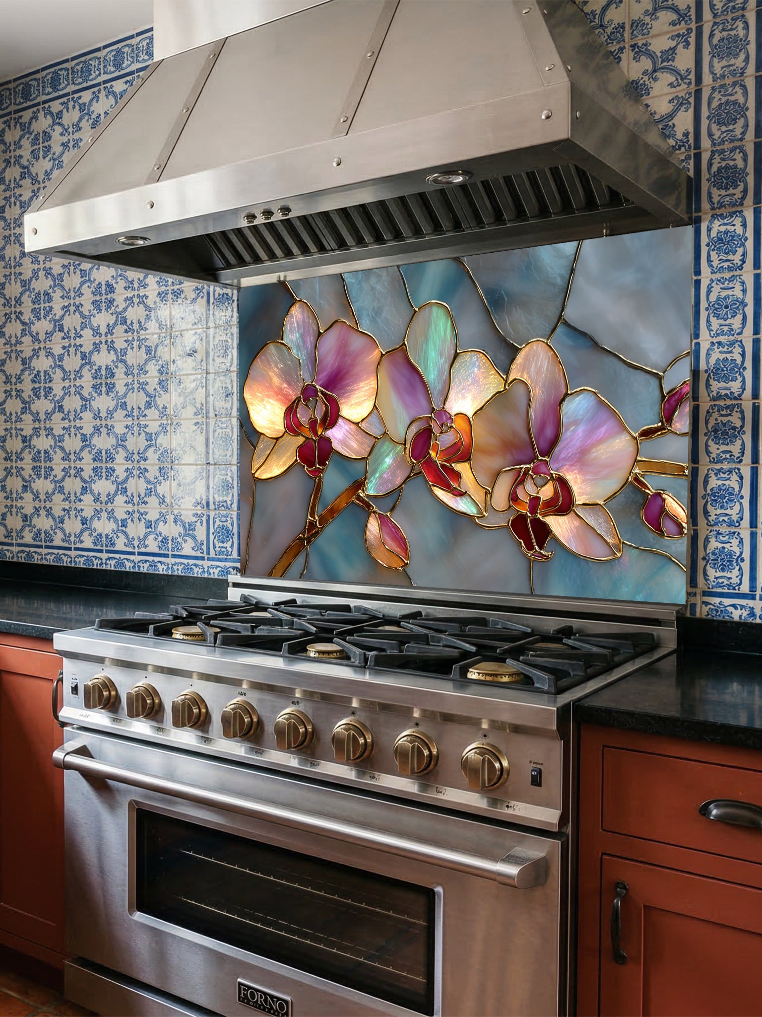 Faux stained glass pattern featuring glowing pink and magenta orchids with gold outlines against a swirling teal and blue mosaic background, UV printed on a smooth tempered glass kitchen backsplash.