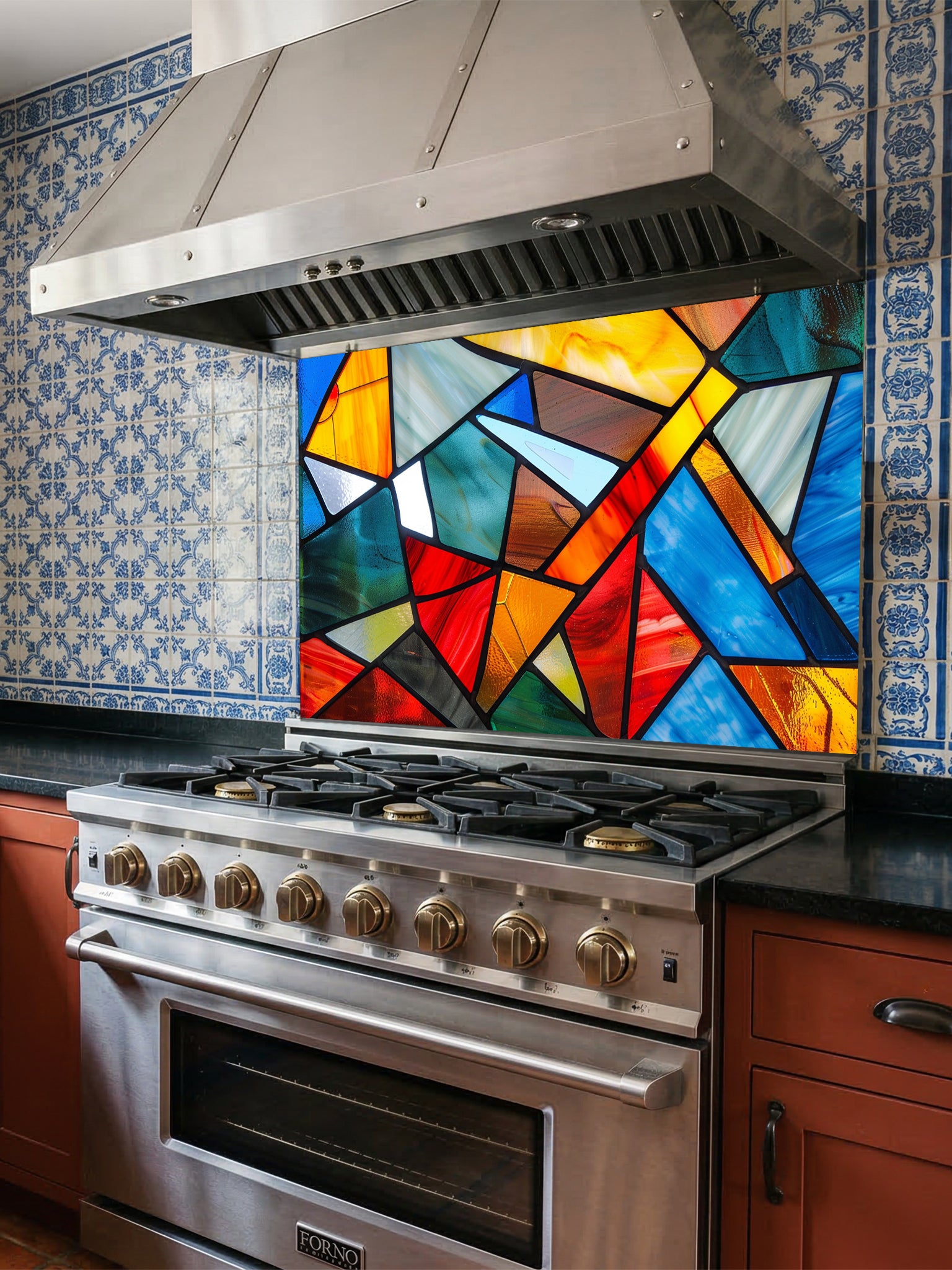 Tempered glass kitchen backsplash featuring a highly realistic illusion of abstract geometric stained glass with asymmetrical shards in vibrant, luminous shades of red, blue, yellow, and teal outlined by dark faux lead lines, installed behind a modern black stove.