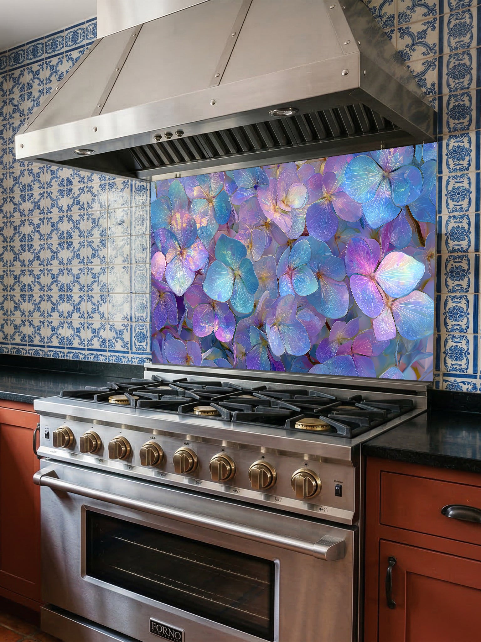 Ethereal iridescent floral pattern featuring glowing purple, blue, and pink flower petals, UV printed on a smooth tempered glass kitchen backsplash, installed behind a modern stove.