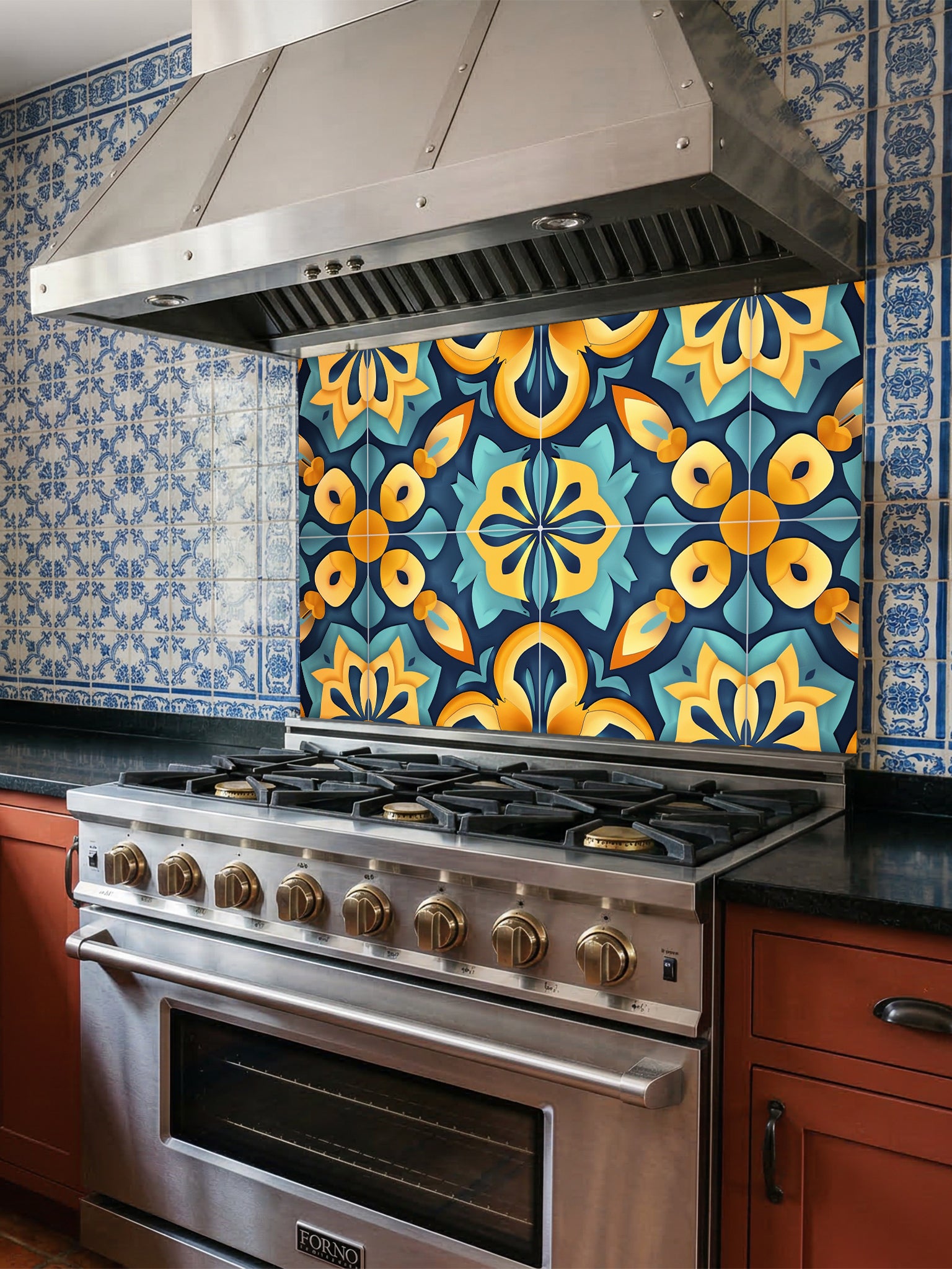 Tempered glass kitchen backsplash featuring a highly realistic illusion of traditional Moroccan encaustic tiles, showcasing a vibrant geometric floral pattern in teal, golden yellow, and deep navy, installed behind a modern black stove.