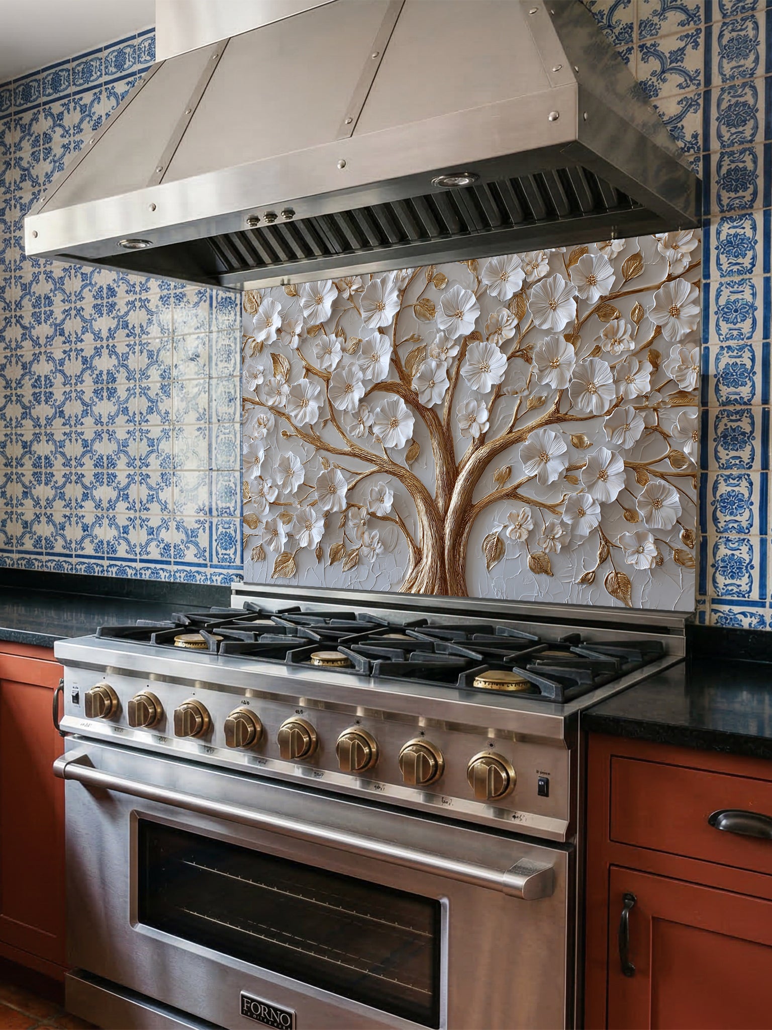Faux 3D sculpted relief of a floral tree with pearl-white blossoms and heavy molten gold branches on a textured champagne background, UV printed on a smooth tempered glass kitchen backsplash.