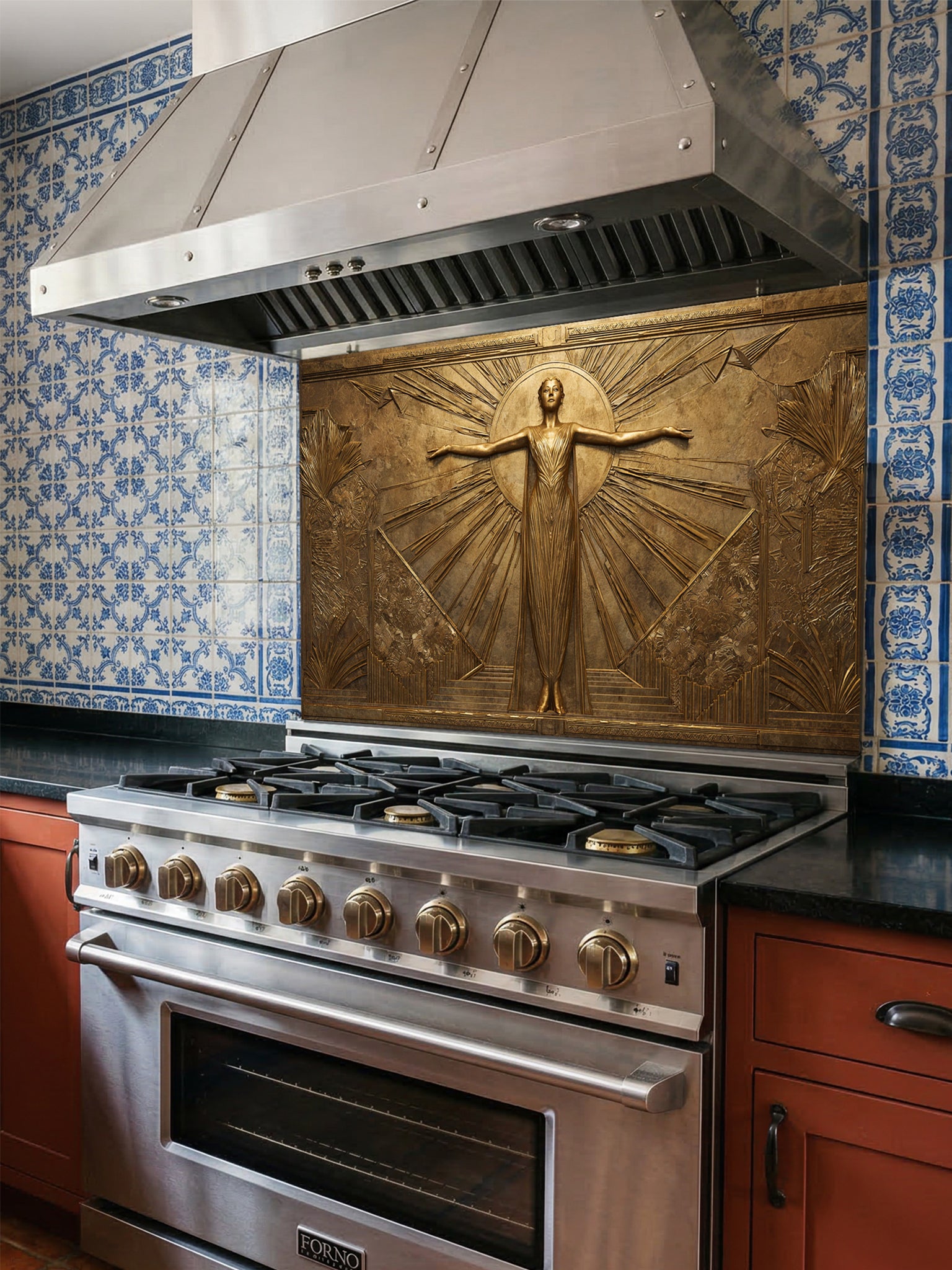 Tempered glass kitchen backsplash featuring a highly realistic 3D faux gold metal relief of a vintage Art Deco woman framed by elegant sunburst rays, installed behind a modern stainless steel stove.
