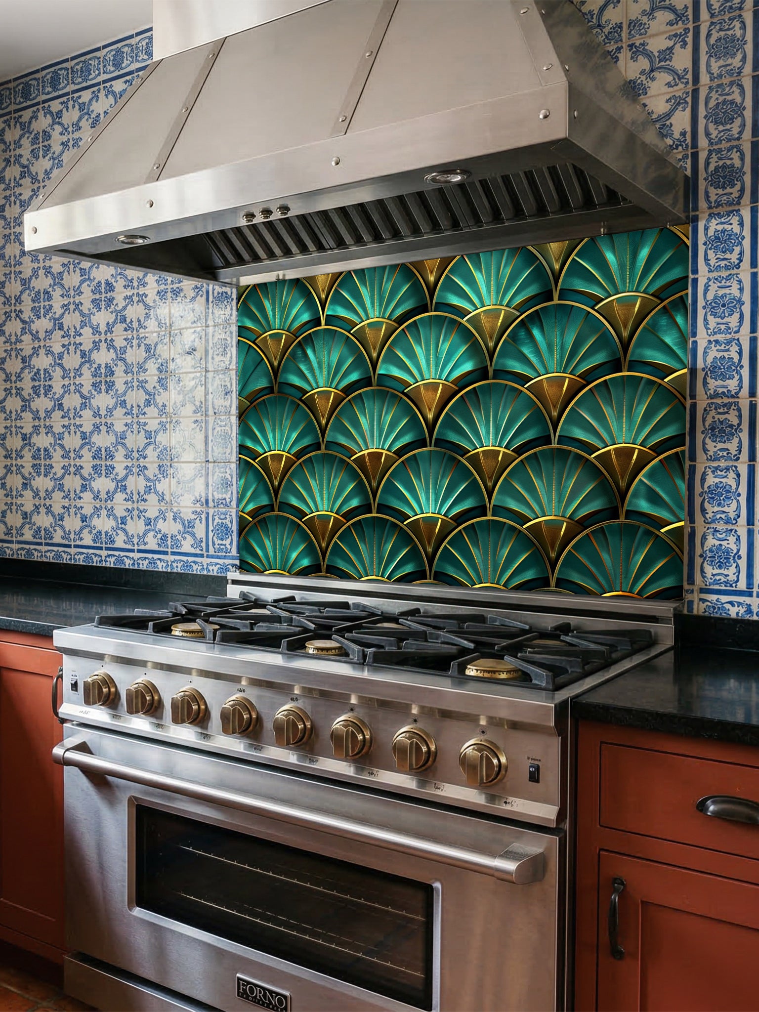 Tempered glass kitchen backsplash featuring a highly realistic 3D illusion of an Art Deco geometric scalloped fan pattern in luxurious teal and faux gold, installed behind a modern stainless steel stove.