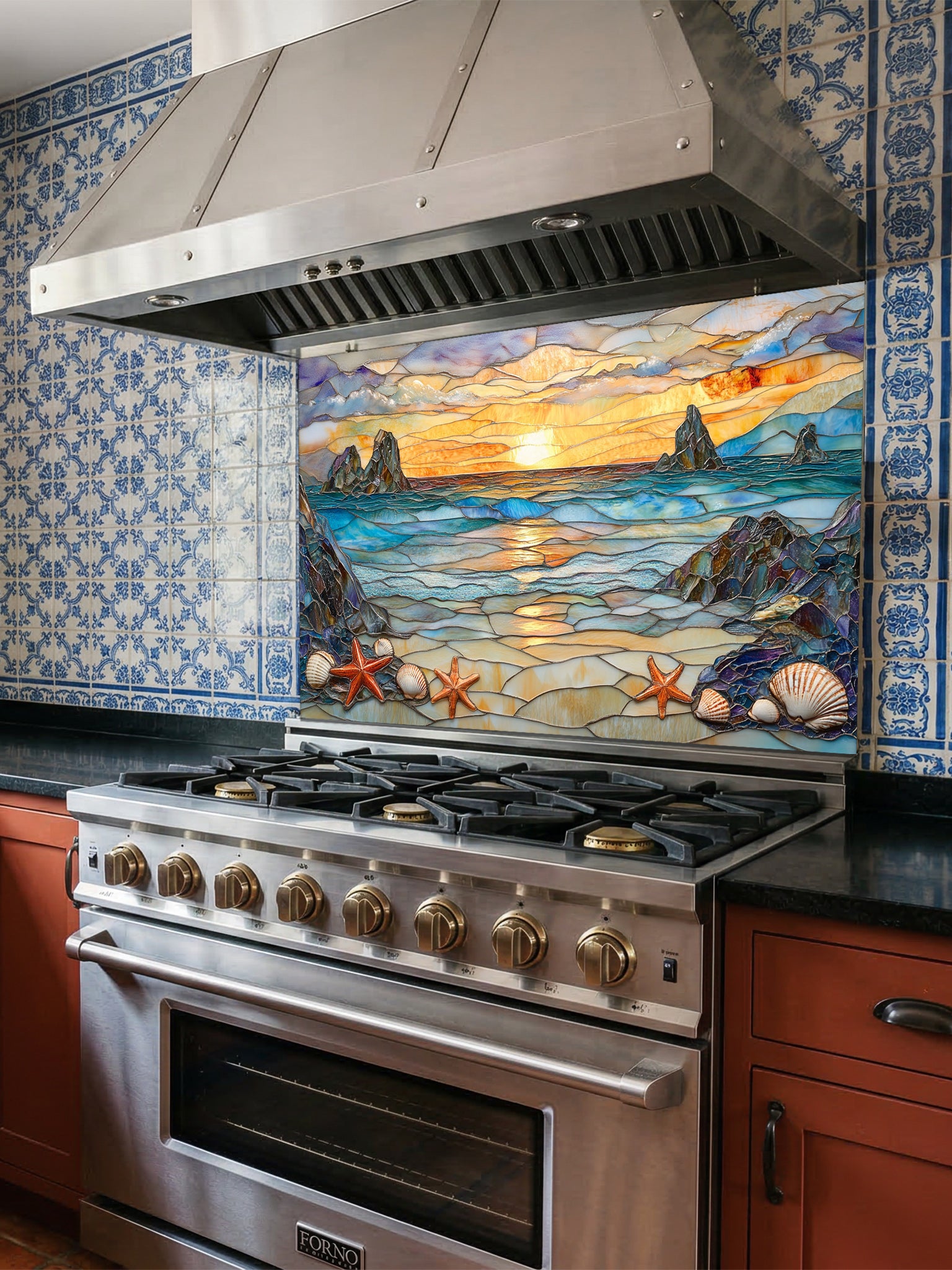 Stained glass style beach sunset with ocean waves, rocky cliffs, seashells, and starfish, UV printed on a smooth tempered glass kitchen backsplash, installed behind a modern stove.