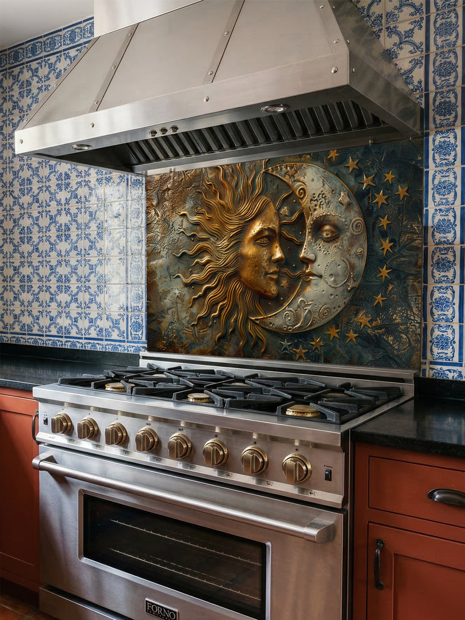 Tempered glass kitchen backsplash featuring a highly realistic 3D faux metal design of a celestial sun and moon with stars in antique bronze, gold, and oxidized silver tones, installed behind a modern stainless steel stove.