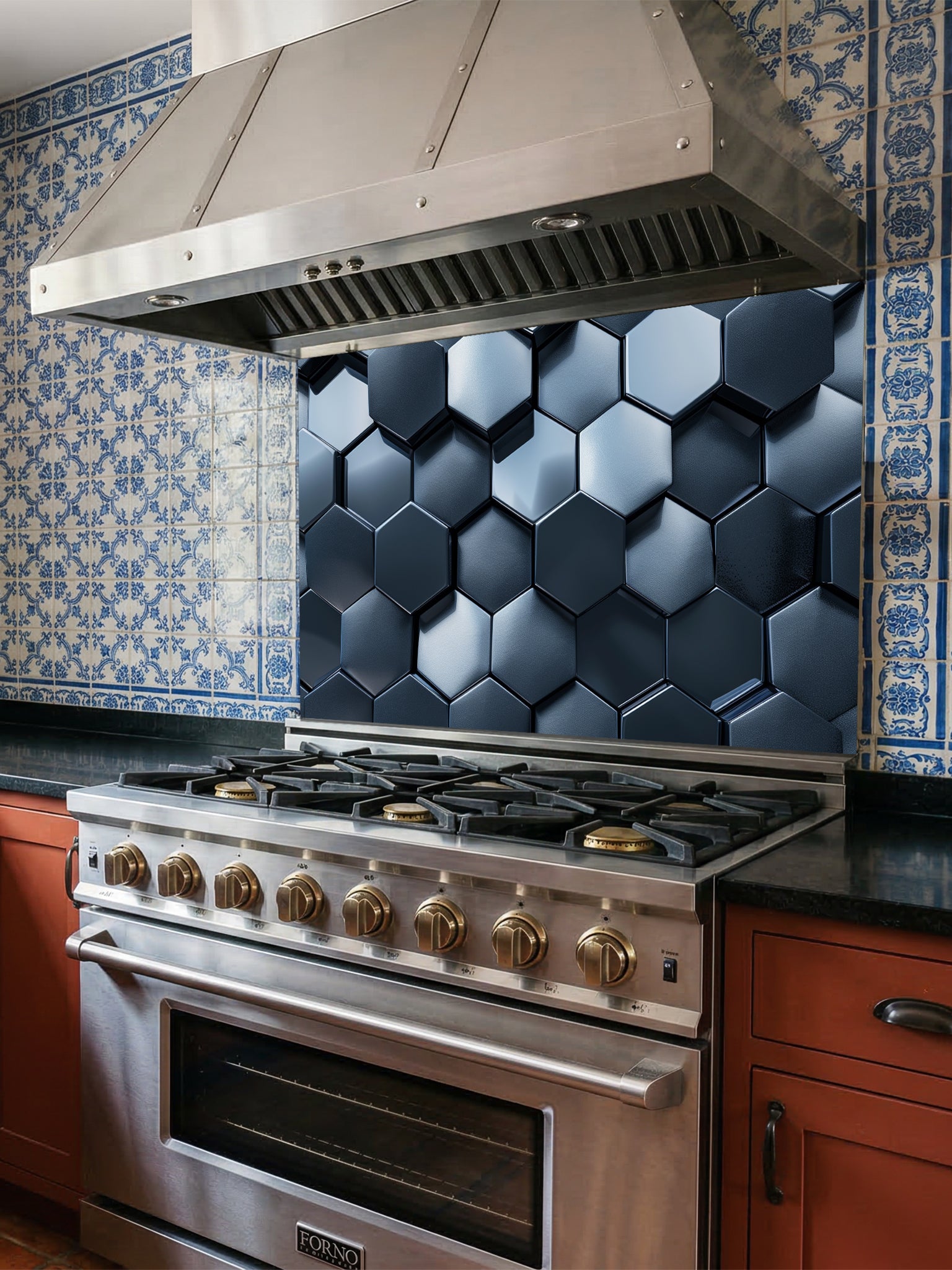 Faux 3D effect dark gunmetal metallic hexagon honeycomb tiles, UV printed on a smooth tempered glass kitchen backsplash, installed behind a modern stove.