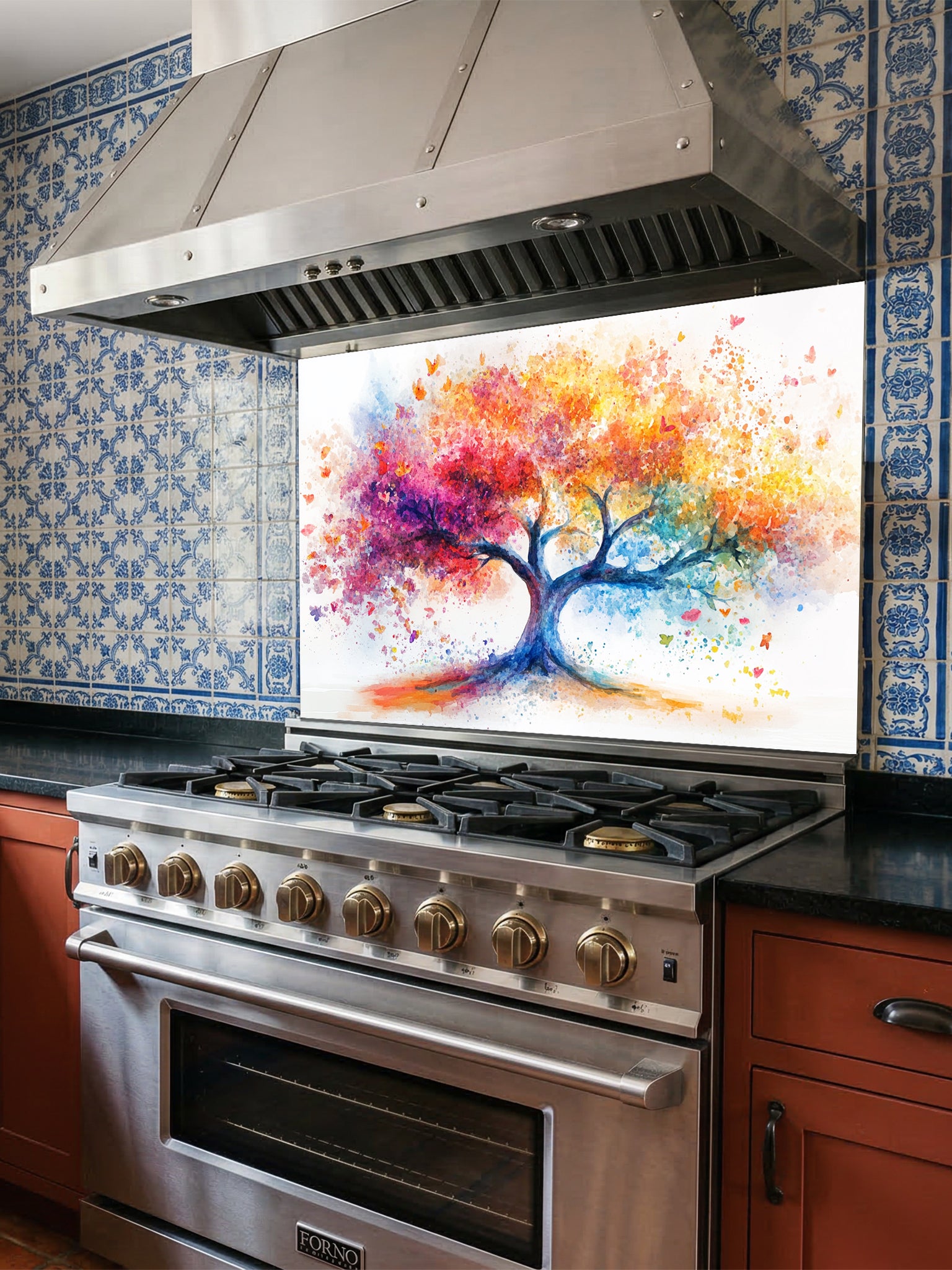 Vibrant watercolor style Tree of Life with colorful paint splatters in rainbow hues, UV printed on a smooth tempered glass kitchen backsplash.