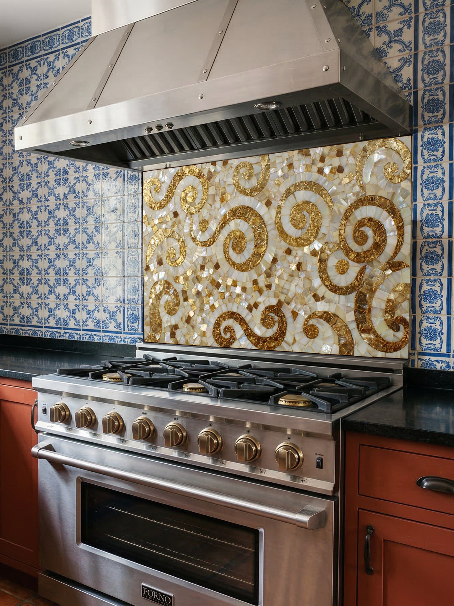 Faux 3D mosaic tile pattern featuring elegant gold swirls on an iridescent mother-of-pearl background, UV printed on a smooth tempered glass kitchen backsplash.