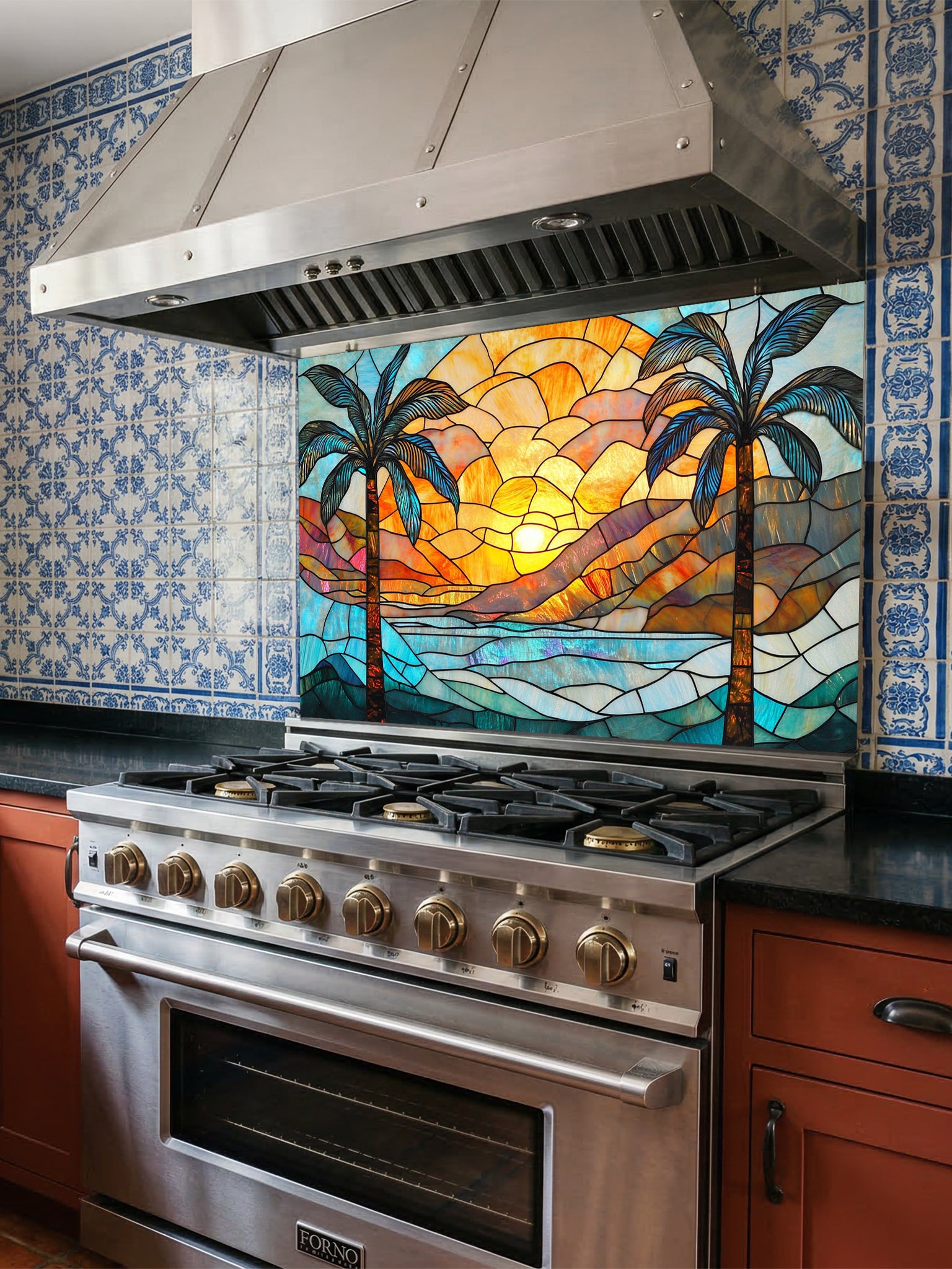 Stained glass style tropical beach sunset with two palm trees, ocean waves, and vibrant orange and blue sky, UV printed on a smooth tempered glass kitchen backsplash, installed behind a modern stove.