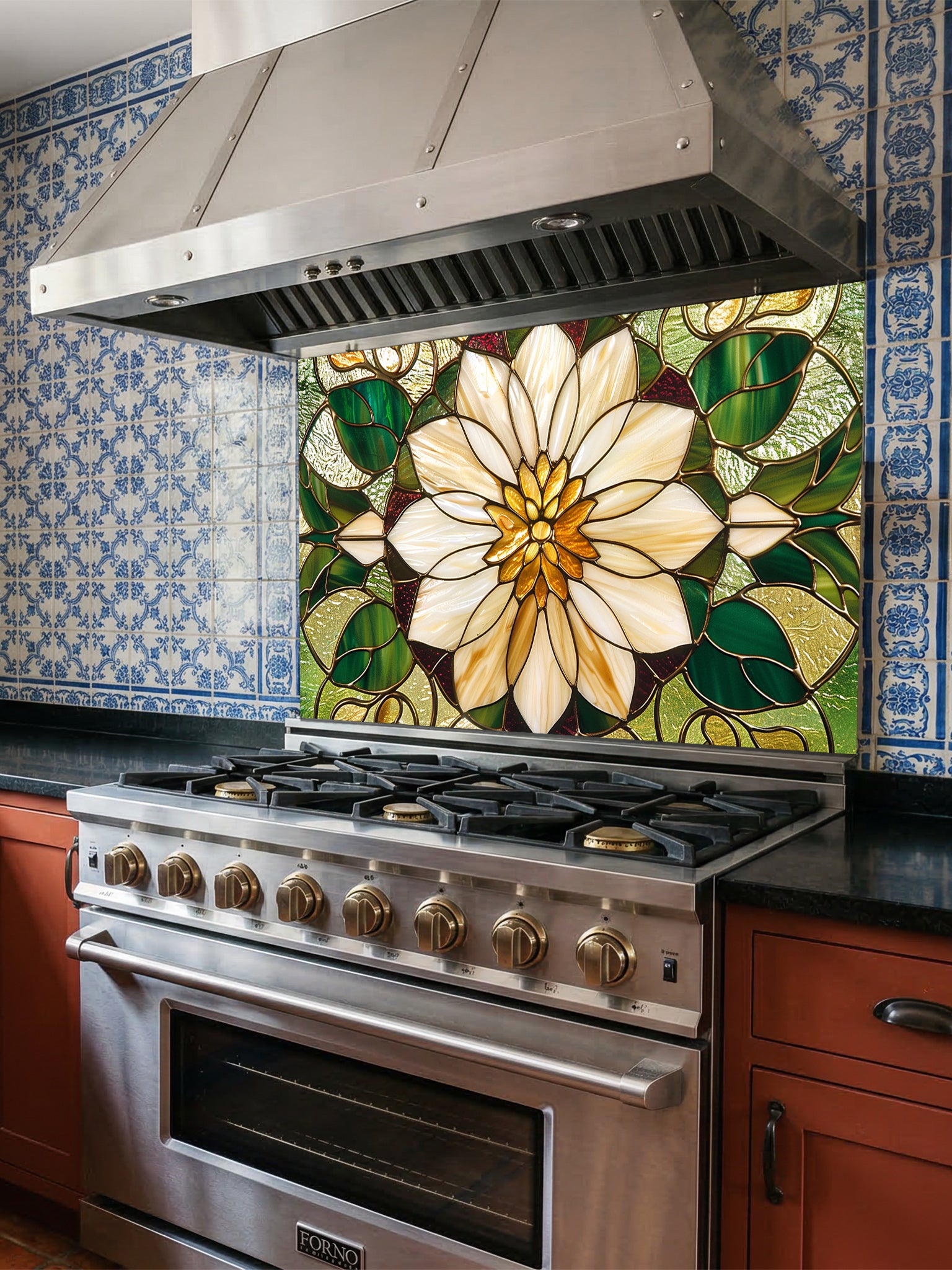 Stained glass style large white flower and rich green leaves UV printed on a smooth tempered glass kitchen backsplash, installed behind a modern stove.