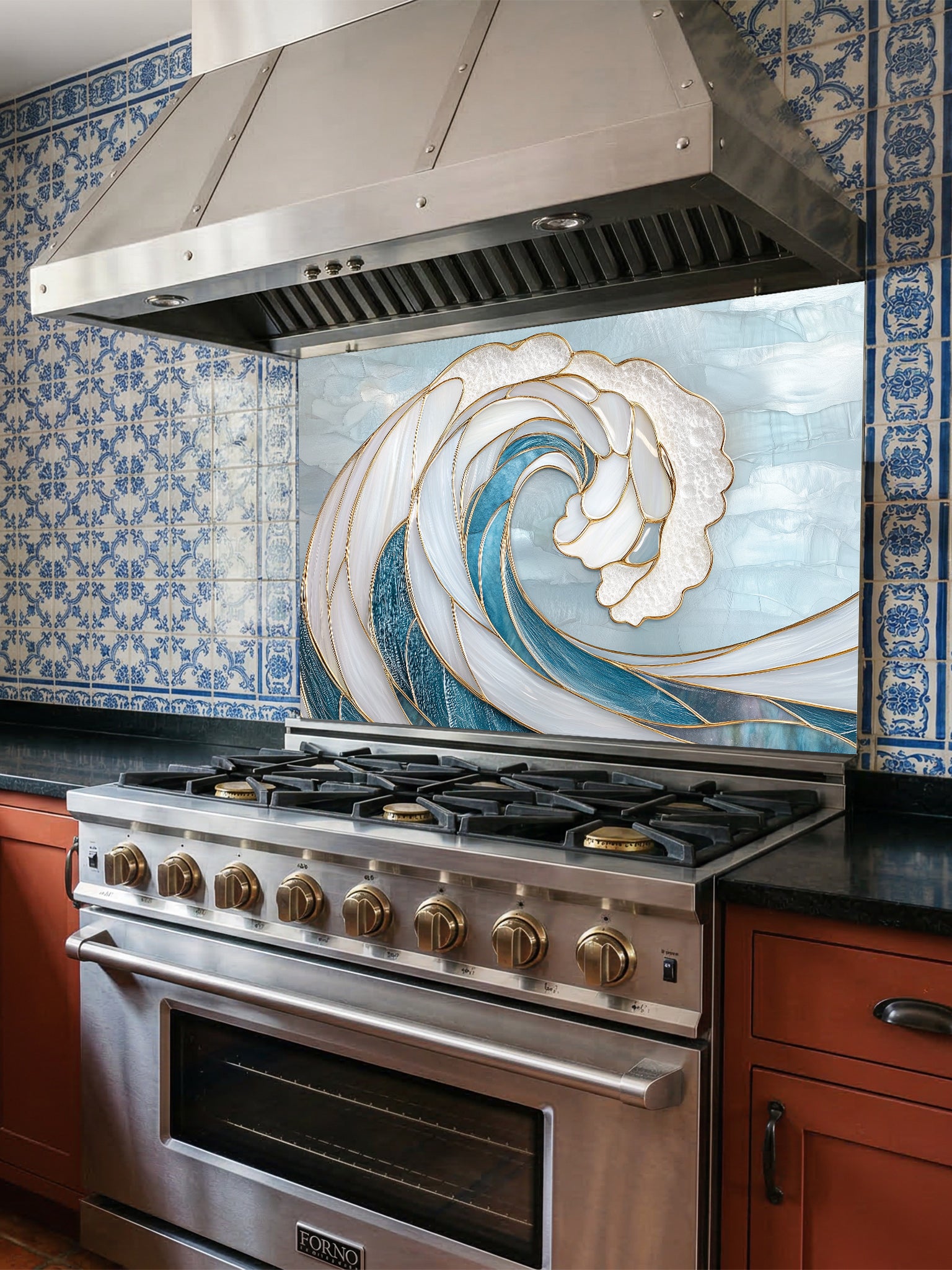 Stainless steel oven with decorative wave tile backsplash in a kitchen.