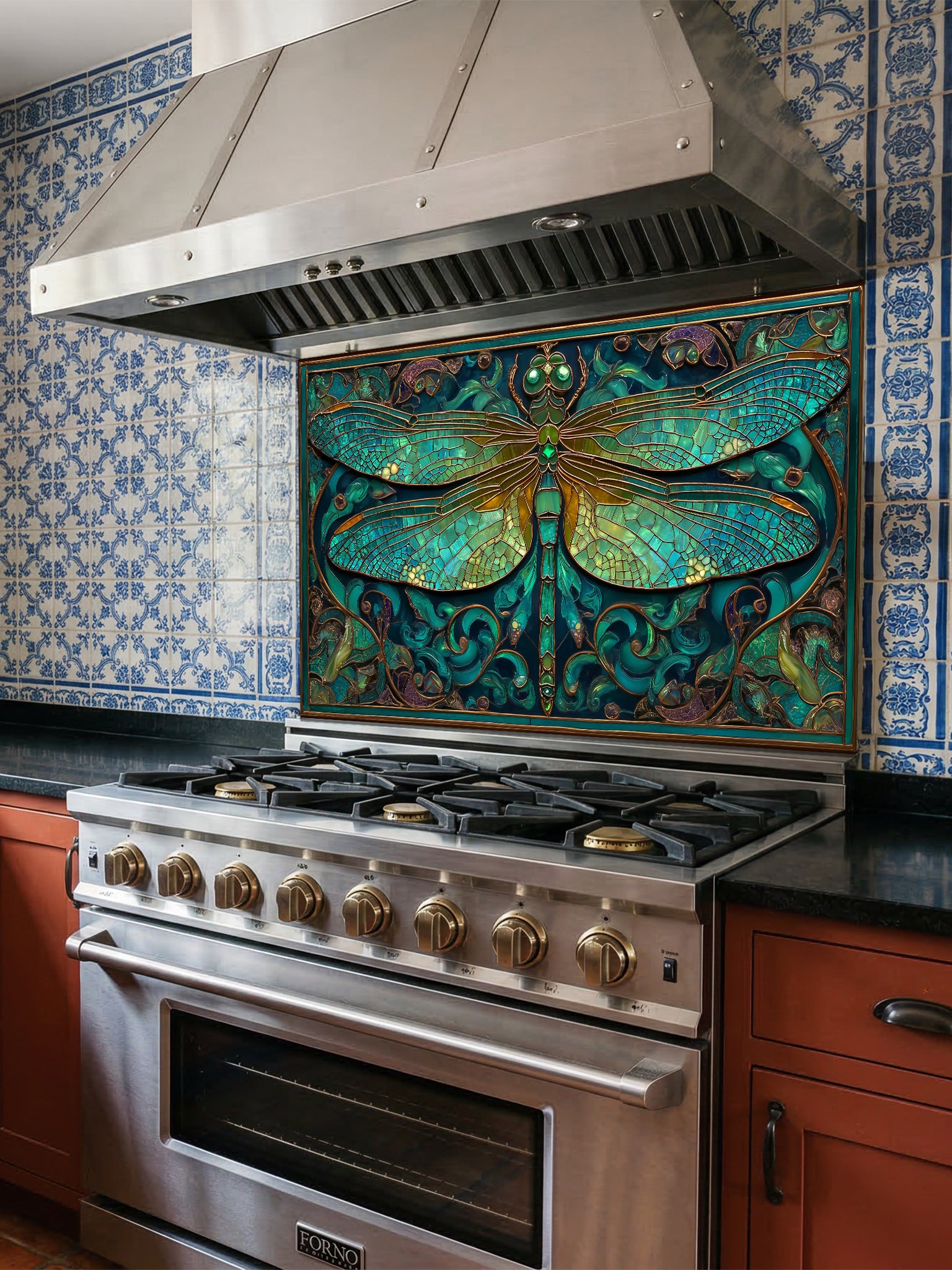 Tempered glass kitchen backsplash featuring a highly realistic 3D illusion of Art Nouveau stained glass showing a magnificent dragonfly with intricate teal and emerald green wings outlined in gold, surrounded by botanical swirls, installed behind a modern stainless steel stove.
