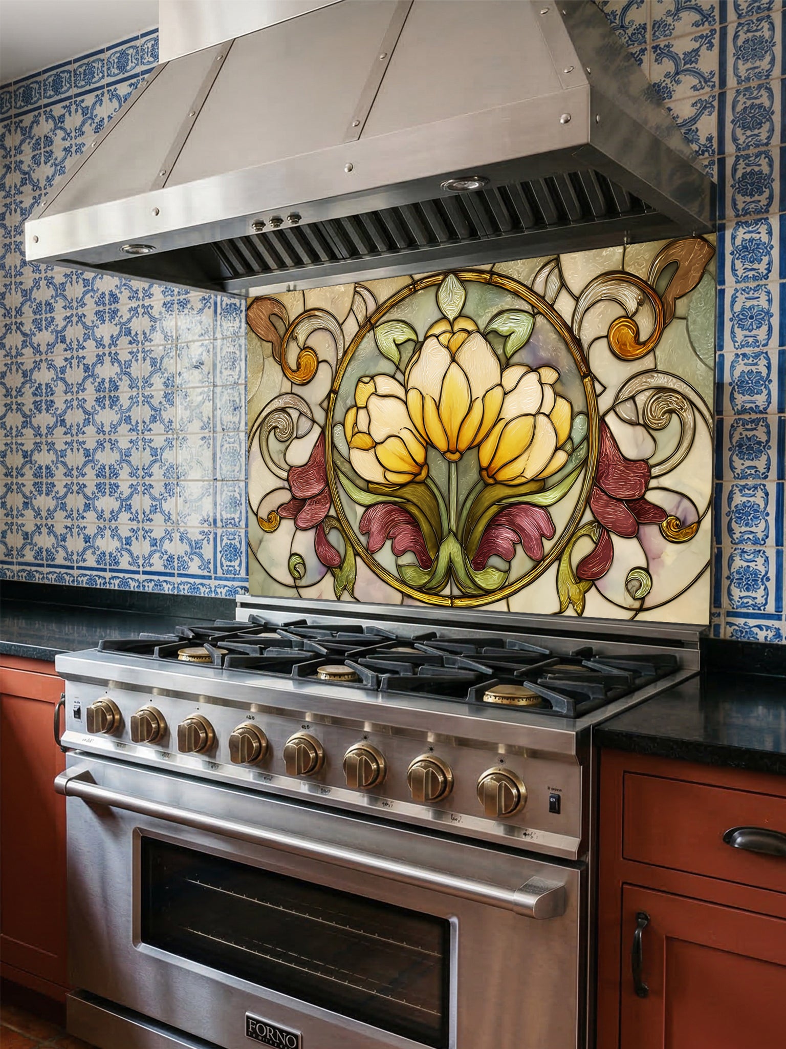Tempered glass kitchen backsplash featuring a highly realistic faux stained glass design with a central medallion of yellow tulips surrounded by ornate Art Nouveau vines in green and burgundy, installed behind a modern stainless steel stove.