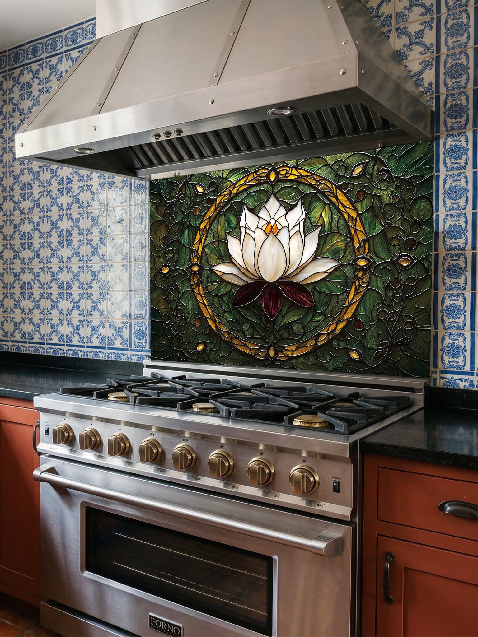 Stainless steel oven with decorative glass backsplash featuring a floral design.