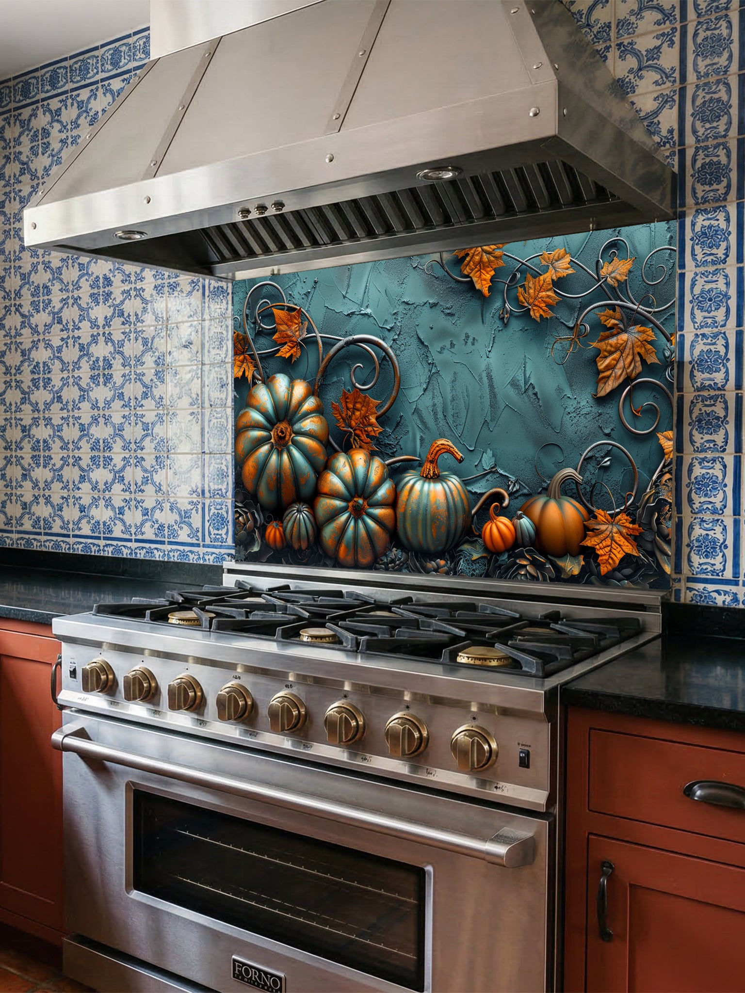 Tempered glass kitchen backsplash featuring a highly realistic 3D illusion of embossed teal and orange pumpkins surrounded by whimsical copper vines and autumn leaves against a textured dark teal background, installed behind a modern black stove.