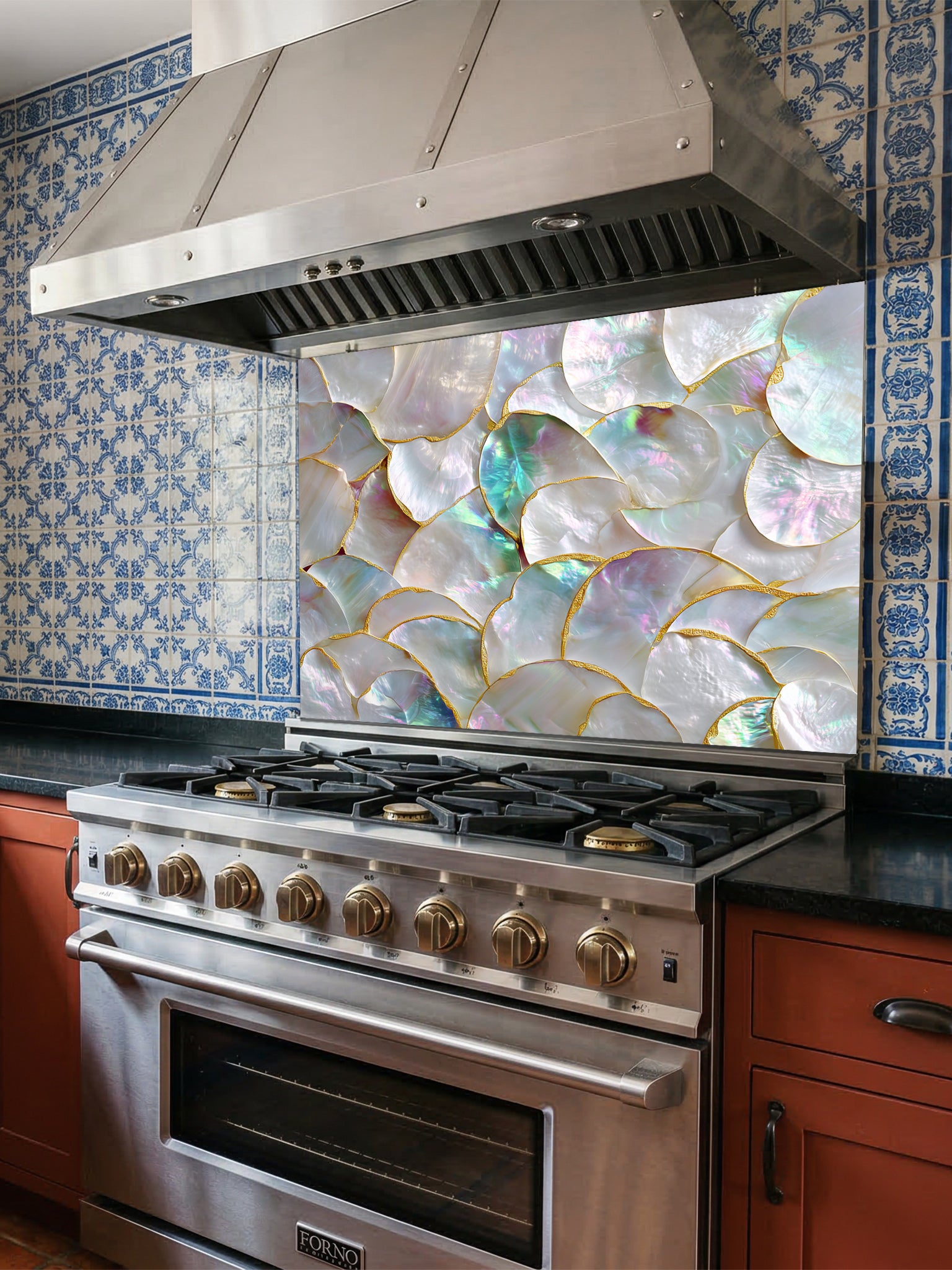 Tempered glass kitchen backsplash featuring a highly realistic 3D illusion of a luxury mother of pearl shell mosaic with iridescent pearlescent hues and faux gold edges, installed behind a modern stainless steel stove.