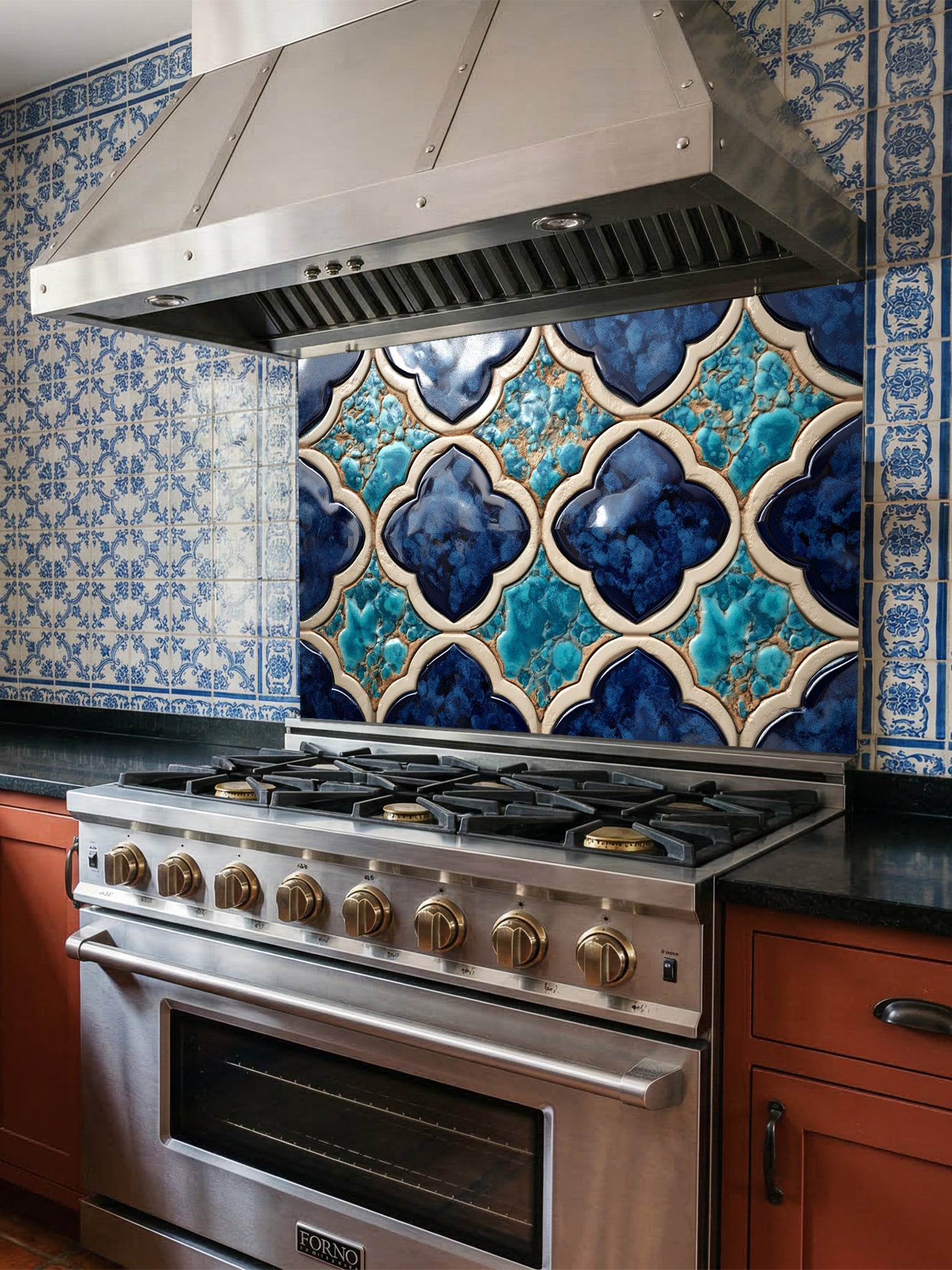 Stainless steel oven with decorative blue and white tile backsplash in a kitchen.