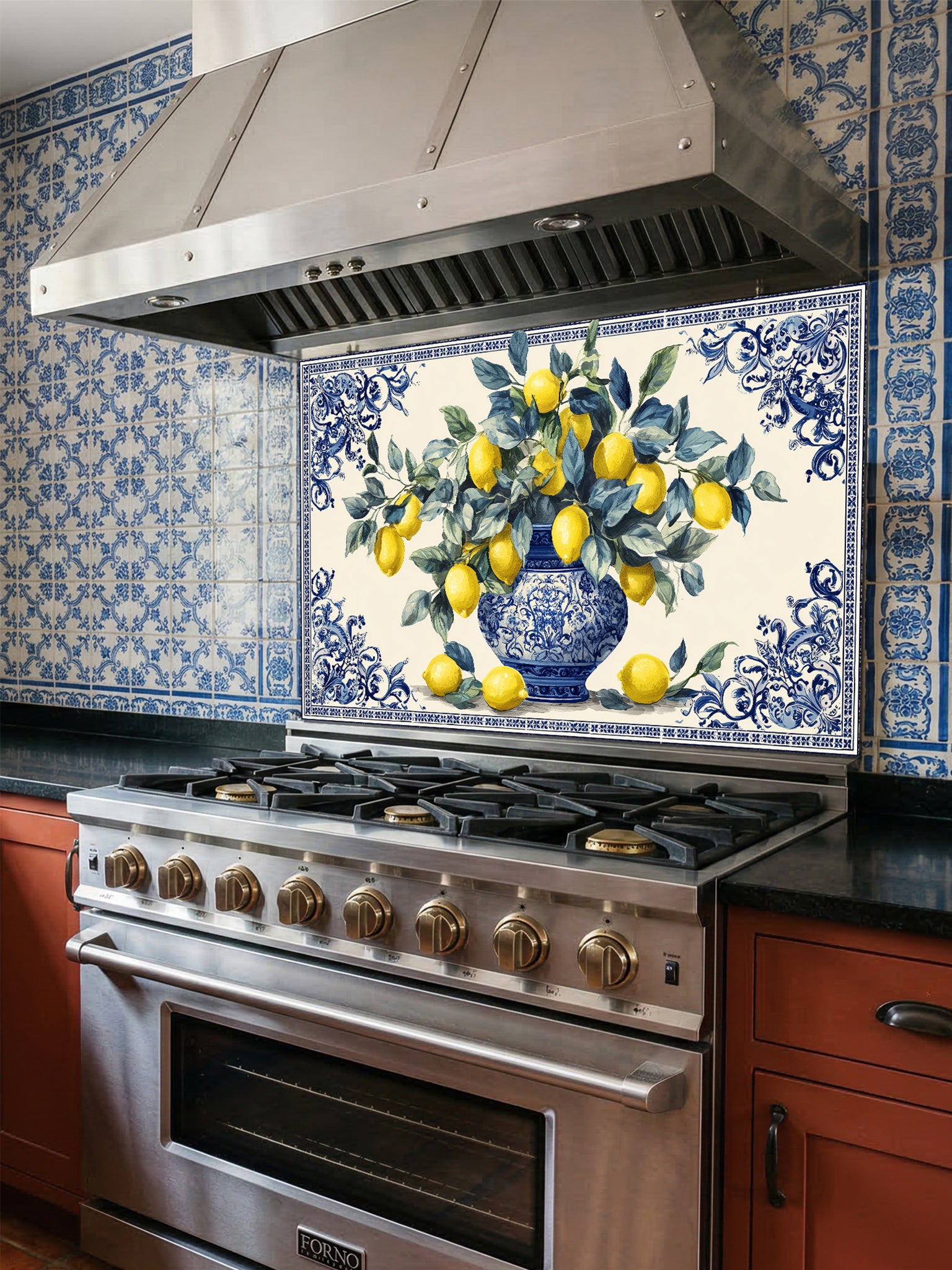 Tempered glass kitchen backsplash featuring a vibrant Mediterranean design with yellow lemons and green leaves in an ornate blue and white porcelain vase, framed by a classic Azulejo-style tile border, installed behind a modern stainless steel stove.