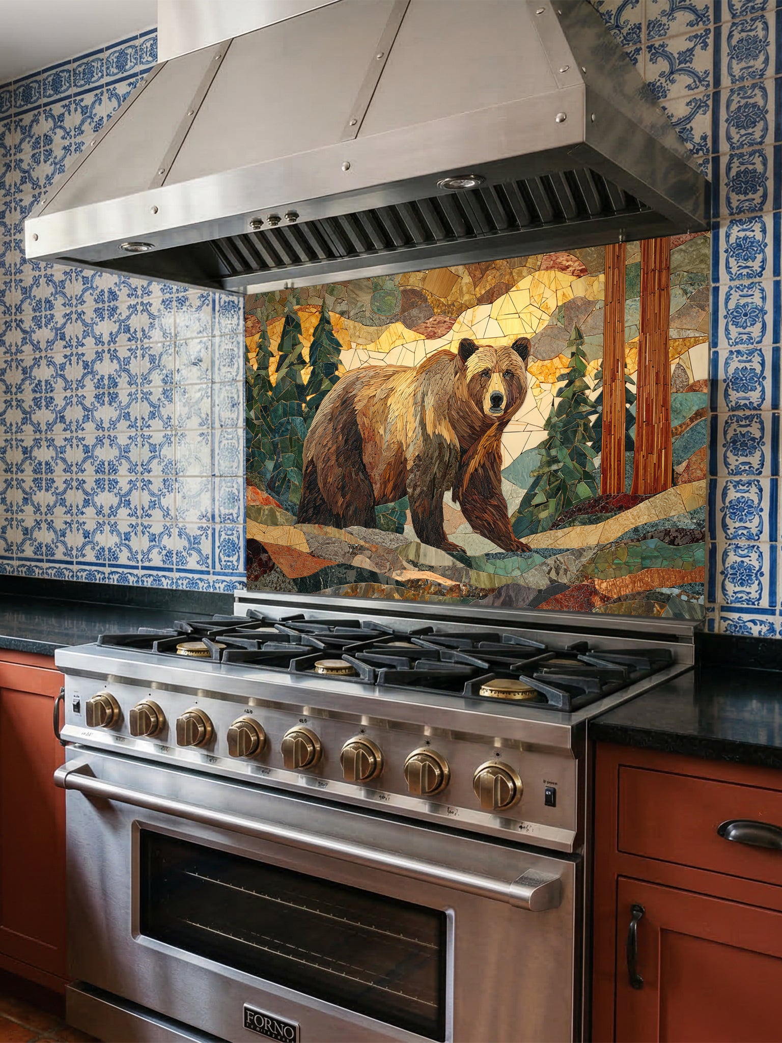Tempered glass kitchen backsplash featuring a highly realistic 3D illusion of a rugged stone mosaic artwork showing a majestic brown bear walking through a forest of pine trees and mountains in earthy brown, green, and golden tones, installed behind a modern black stove.
