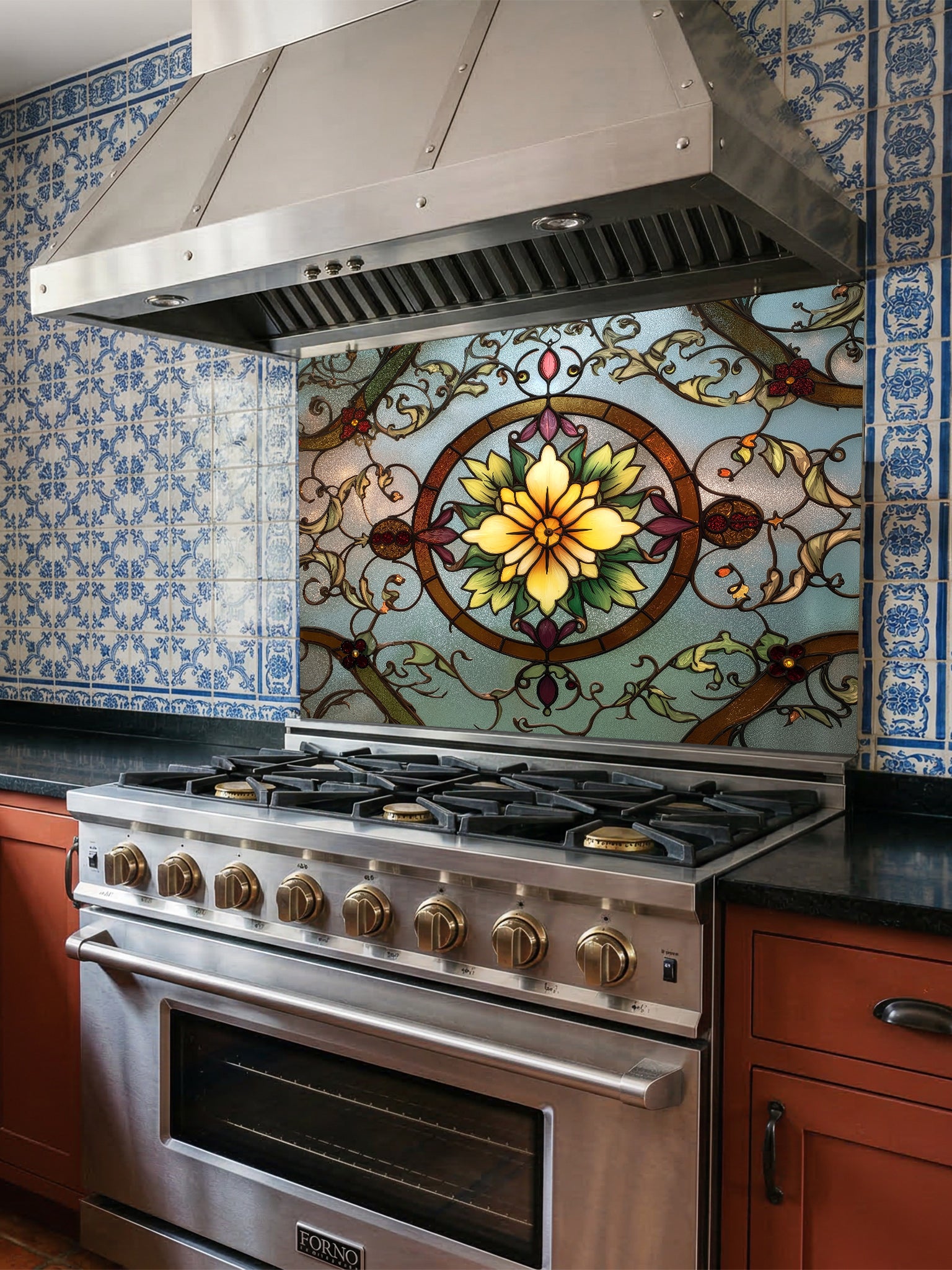 Tempered glass kitchen backsplash featuring a highly realistic 3D illusion of vintage stained glass, showcasing a glowing yellow floral medallion surrounded by green vines and red accents against a frosted blue background, installed behind a modern stainless steel stove.