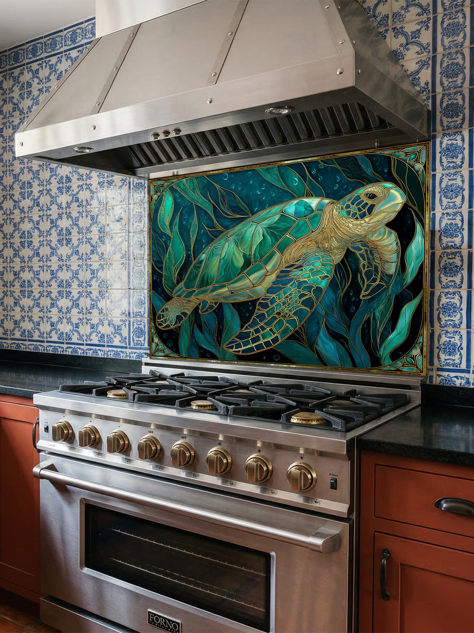 Tempered glass kitchen backsplash featuring a highly realistic 3D illusion of Art Nouveau stained glass showing a graceful sea turtle swimming among flowing teal and emerald underwater botanicals outlined in gold, installed behind a modern stainless steel stove.