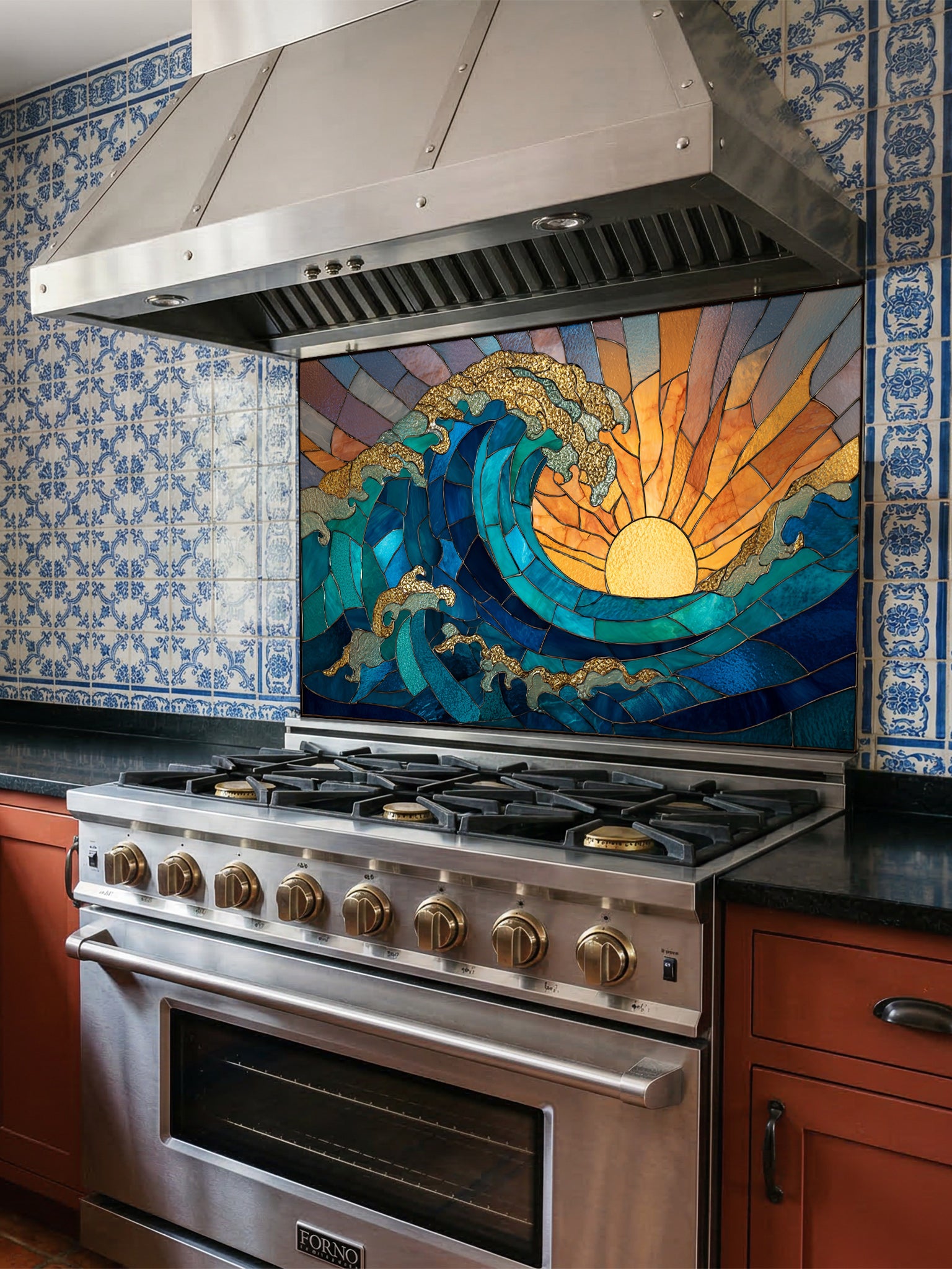 Stained glass style crashing ocean wave and vibrant golden sunrise, UV printed on a smooth tempered glass kitchen backsplash, installed behind a modern stove.