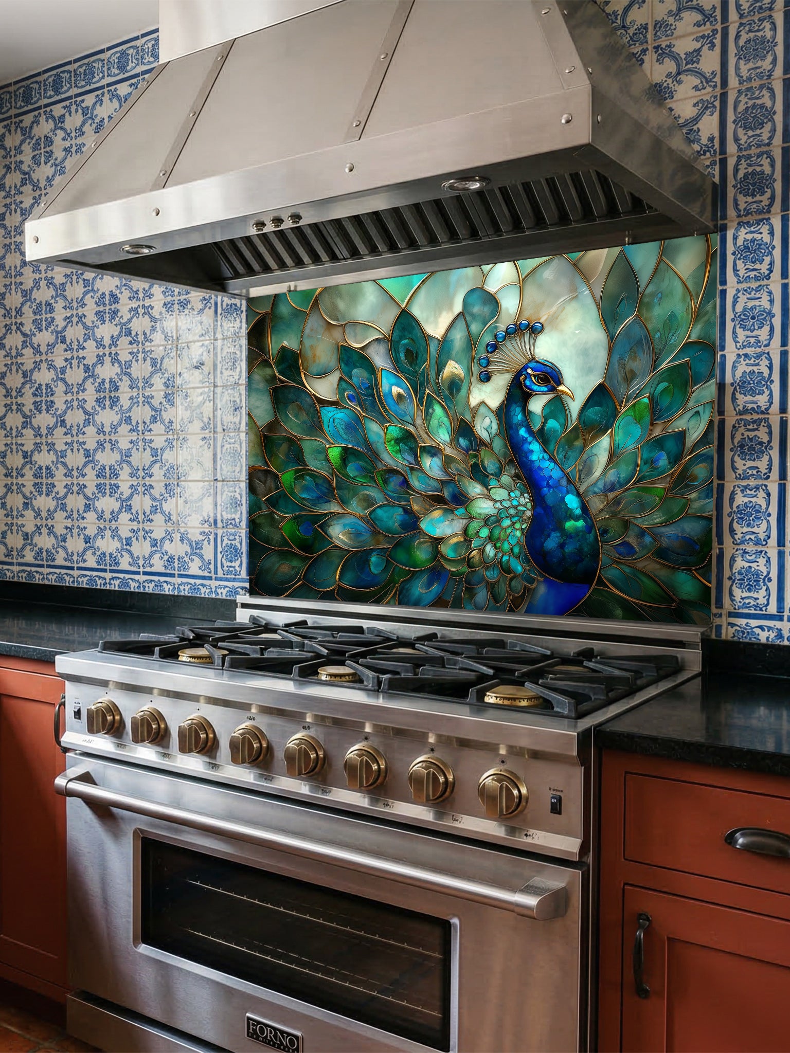 Tempered glass kitchen backsplash featuring a highly realistic 3D illusion of Art Nouveau stained glass showing a magnificent peacock with flowing teal, emerald, and sapphire feathers outlined in gold, installed behind a modern stainless steel stove.