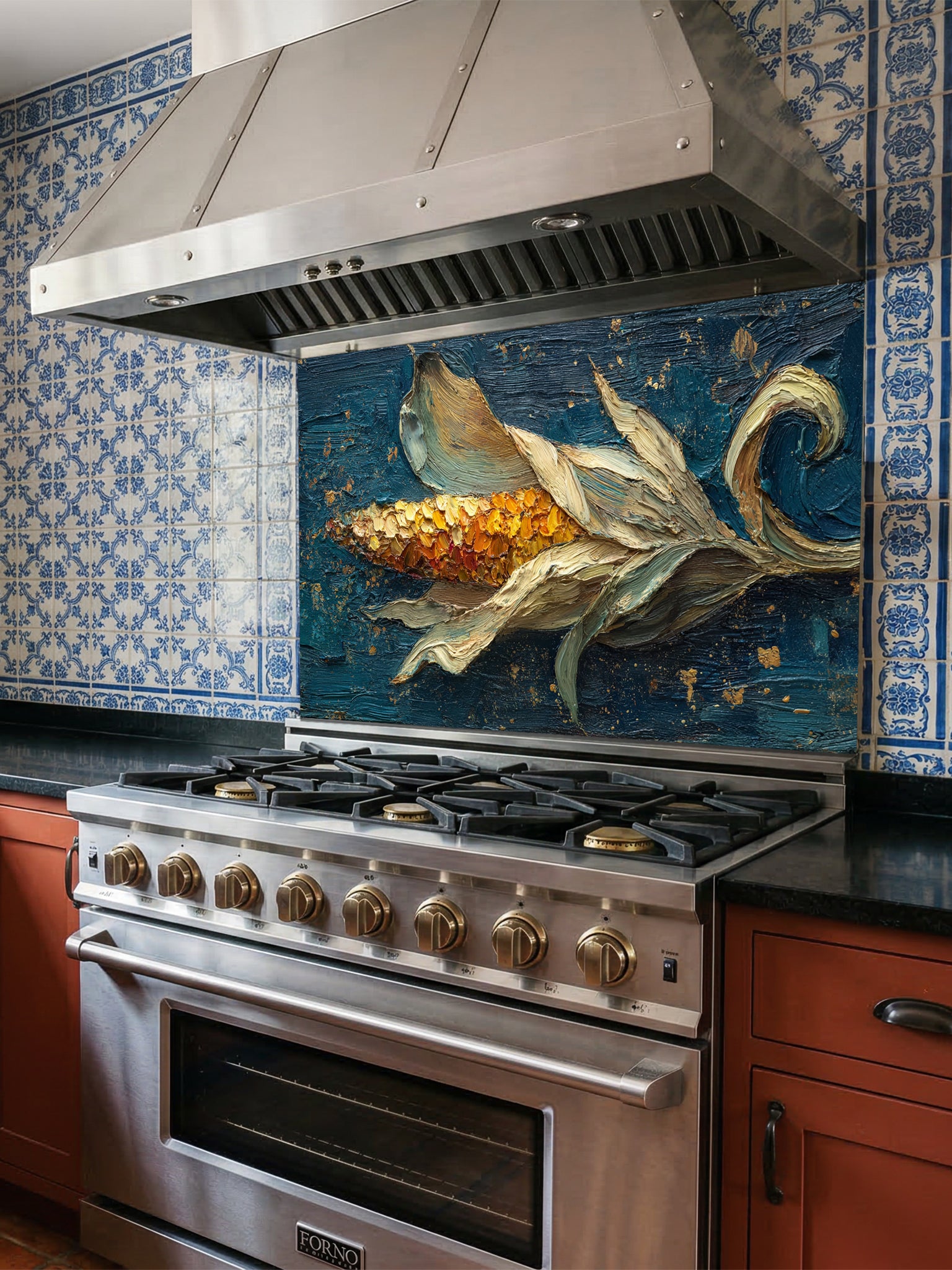 Tempered glass kitchen backsplash featuring a highly realistic 3D illusion of a thick impasto oil painting created with a palette knife, showing a golden ear of corn with flowing husks against a dark teal background with gold splatters, installed behind a modern black stove.