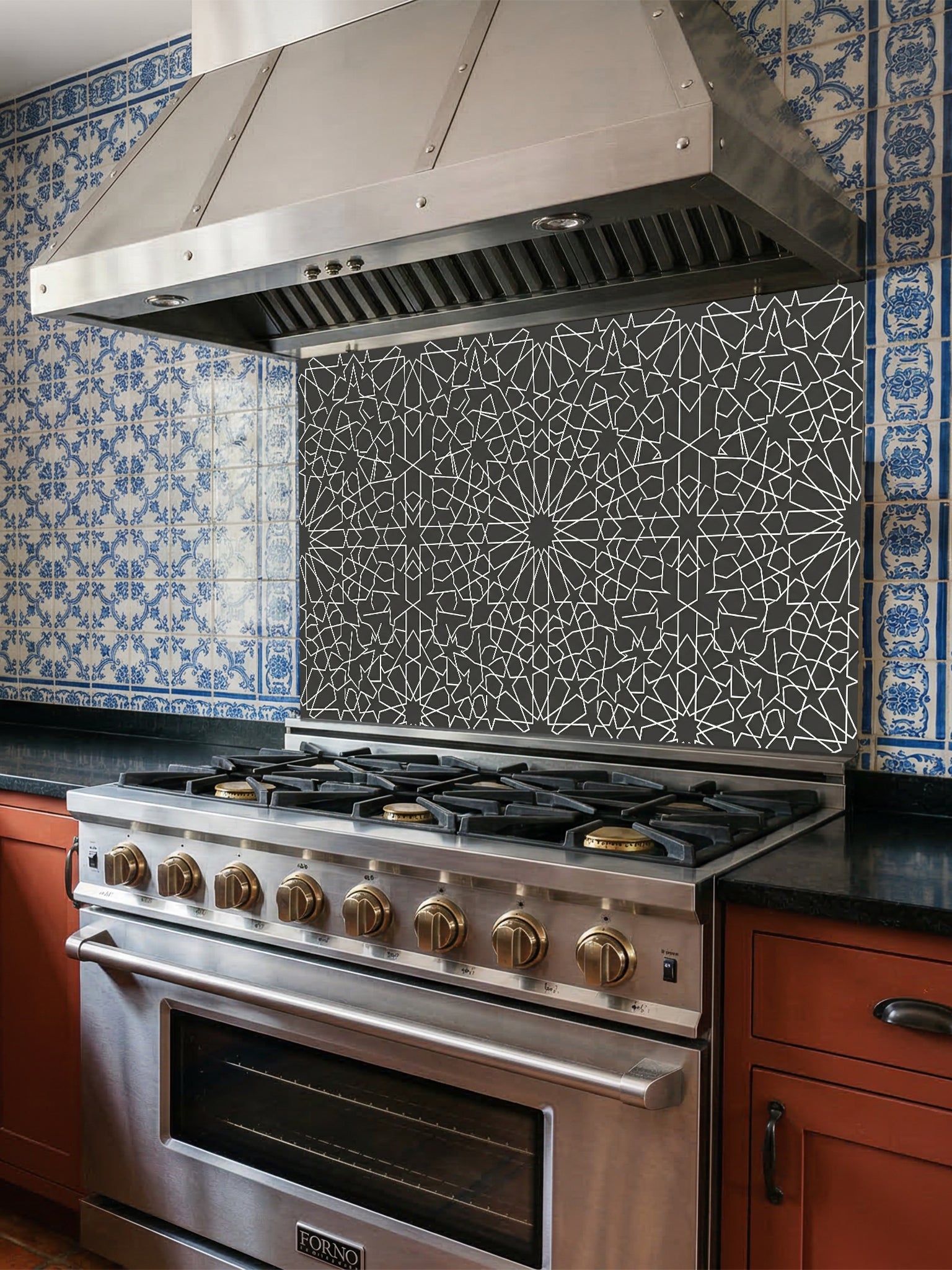 Stainless steel oven with decorative backsplash in a kitchen setting