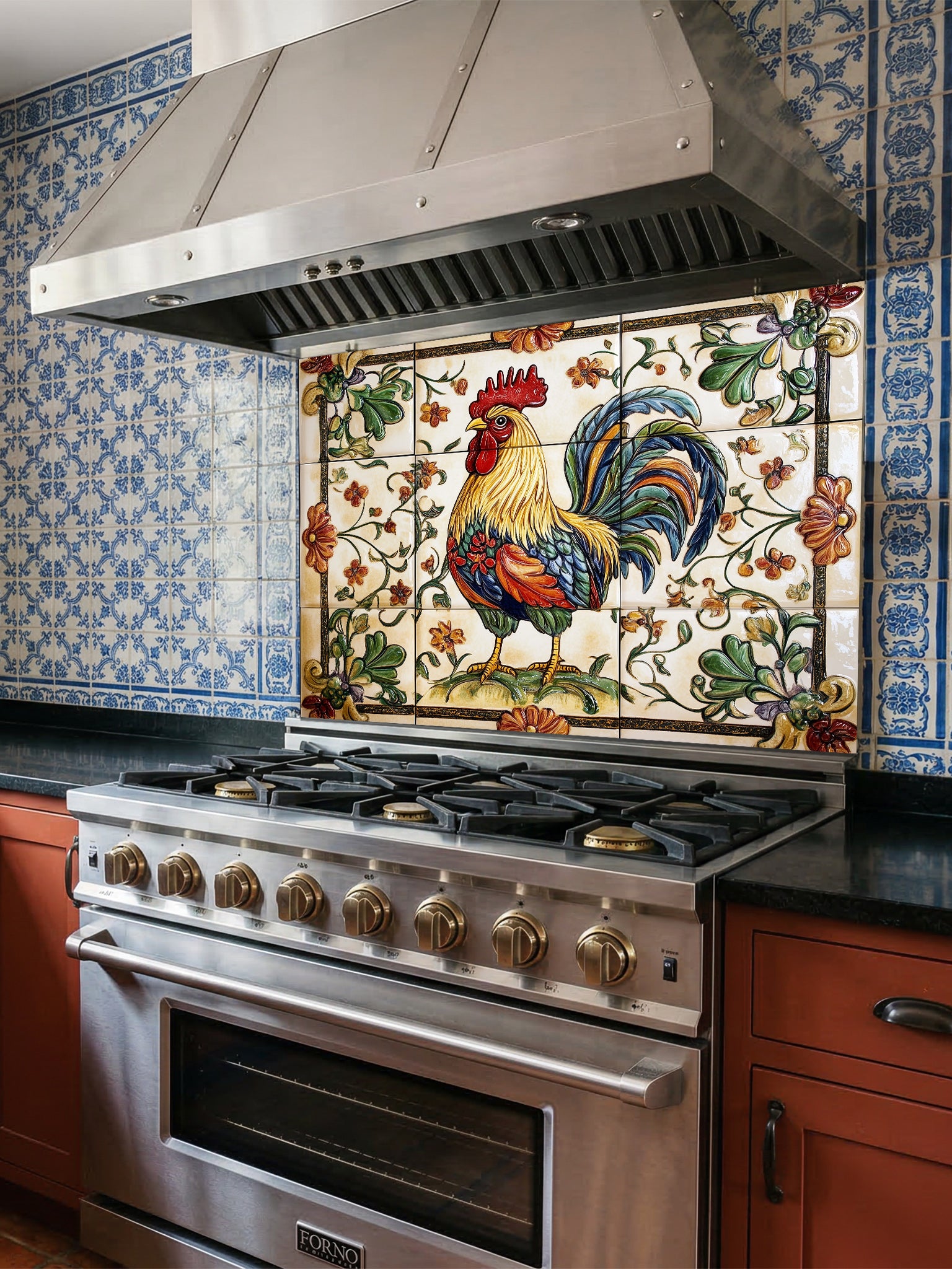 Stainless steel stove with decorative rooster glass backsplash above it in a kitchen setting.