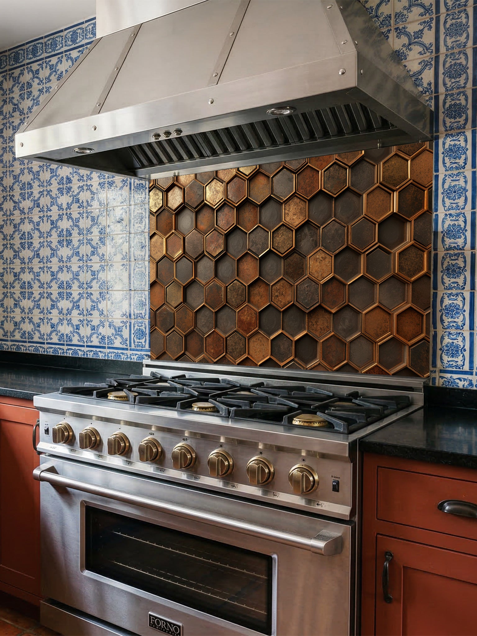 Faux 3D effect weathered and rusted metal hexagon tiles in copper and iron tones, UV printed on a smooth tempered glass kitchen backsplash, installed behind a modern stove.