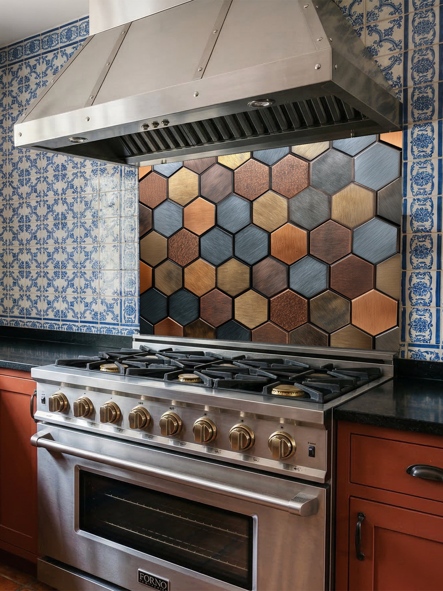 Faux 3D effect mixed metallic hexagon tiles in copper, bronze, and steel tones, UV printed on a smooth tempered glass kitchen backsplash, installed behind a modern stove.