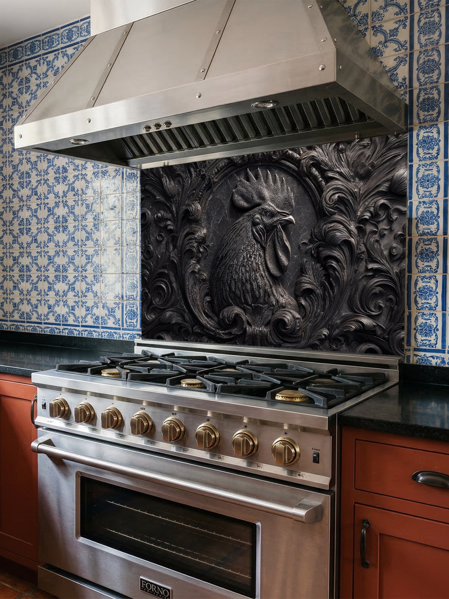Faux 3D effect dark stone relief carving of a rooster and ornate scrollwork, UV printed on a smooth tempered glass kitchen backsplash, installed behind a modern stove.