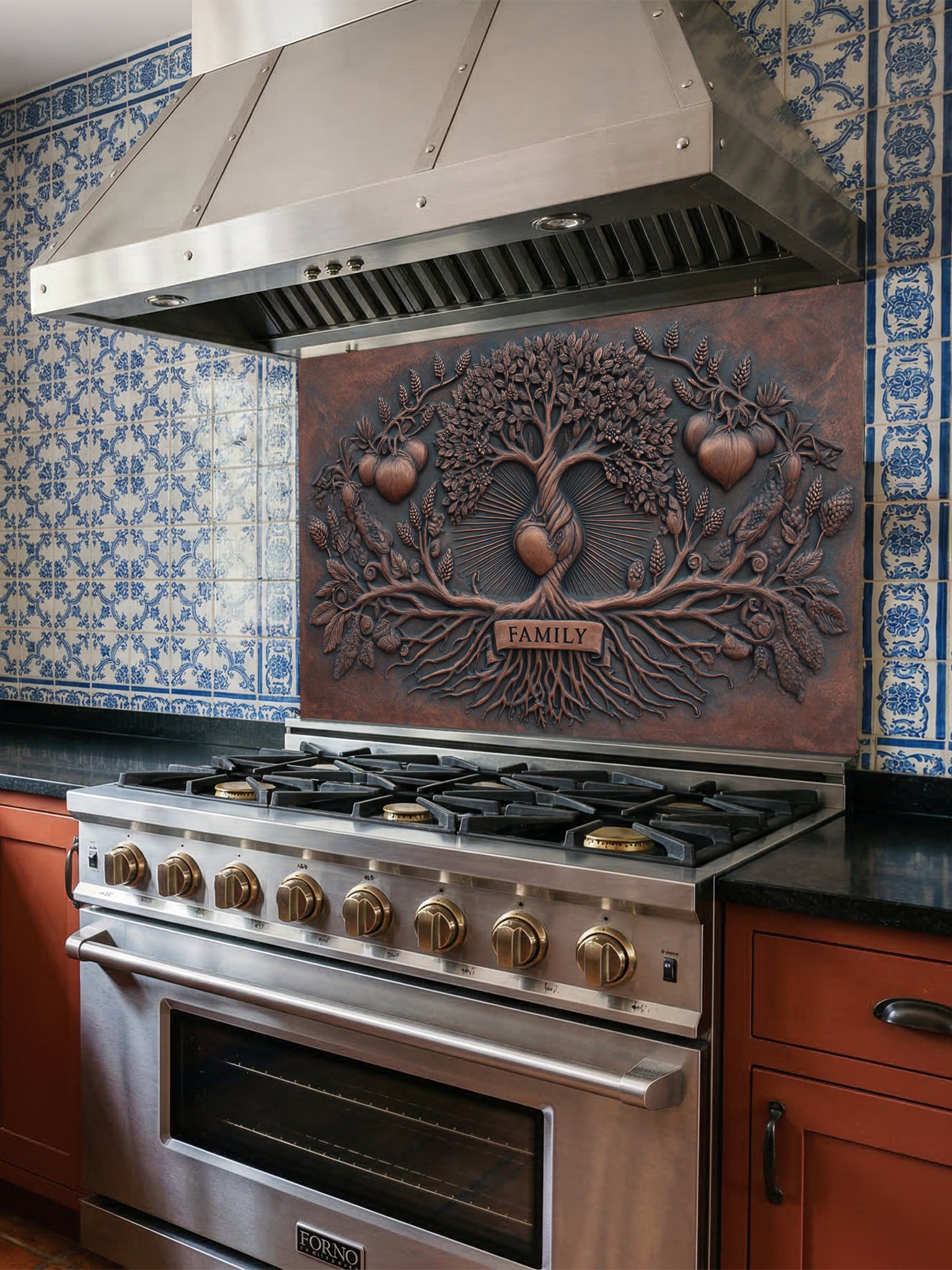 Faux 3D sculpted iron and copper relief of a family tree with a central radiating heart and a single 'FAMILY' banner over the roots, UV printed on a smooth tempered glass kitchen backsplash.