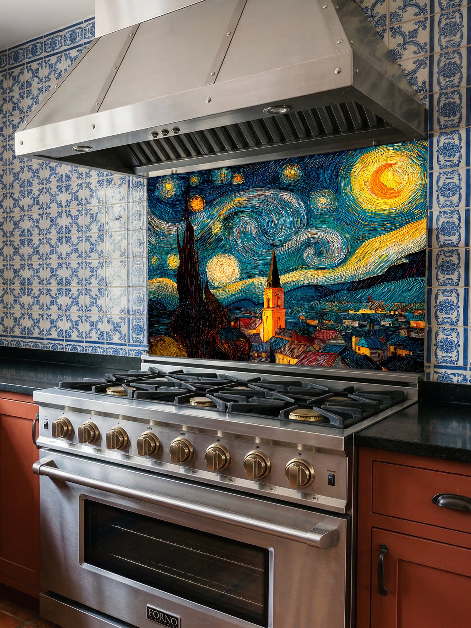 Tempered glass kitchen backsplash featuring a highly realistic 3D illusion of a thick impasto oil painting inspired by The Starry Night, showing a swirling blue night sky, glowing yellow stars, and a dark silhouette of a cypress tree over a village, installed behind a modern black stove.