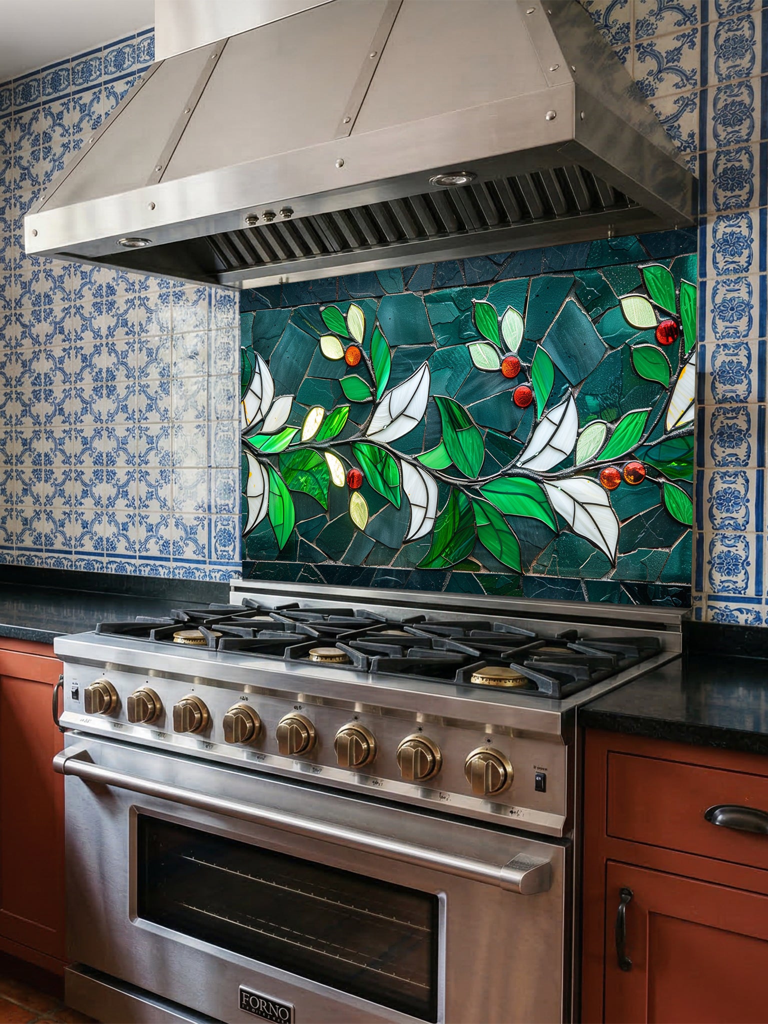 Tempered glass kitchen backsplash featuring a highly realistic 3D illusion of stained glass and mosaic art showing a graceful branch with vibrant emerald green and white leaves and glowing red berries against a dark teal background, installed behind a modern black stove.