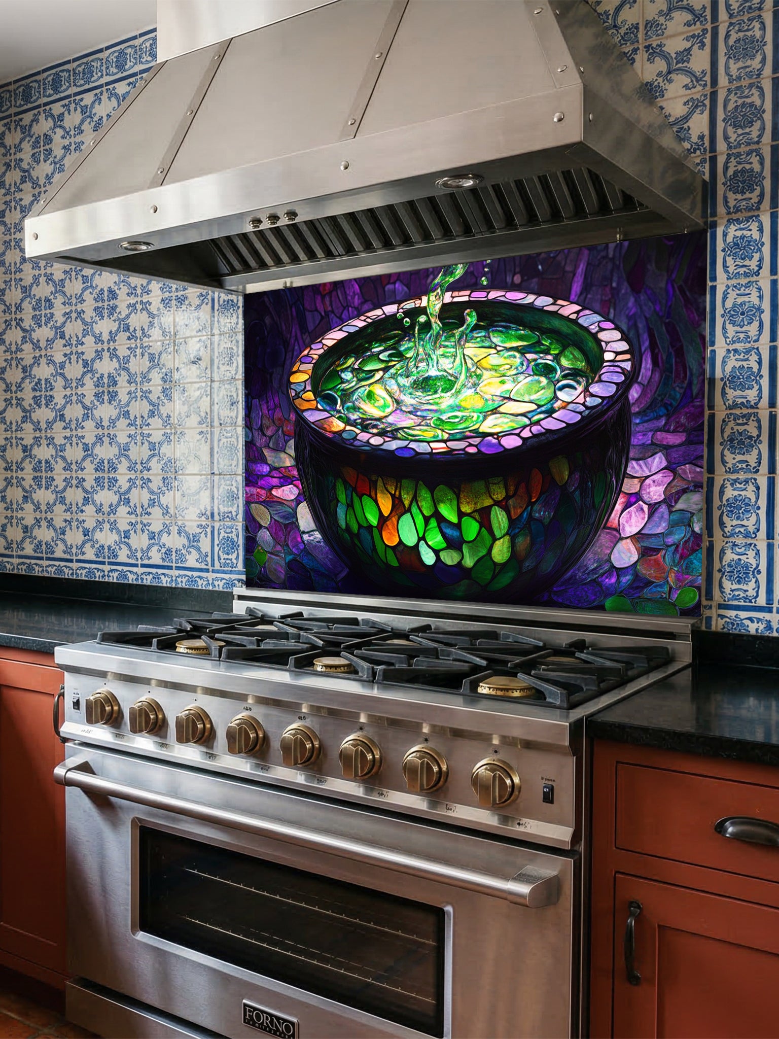 Tempered glass kitchen backsplash featuring a highly realistic 3D illusion of stained glass and mosaic art showing a dark magical cauldron filled with a splashing, glowing neon green potion against a deep purple cobblestone background, installed behind a modern stainless steel stove.