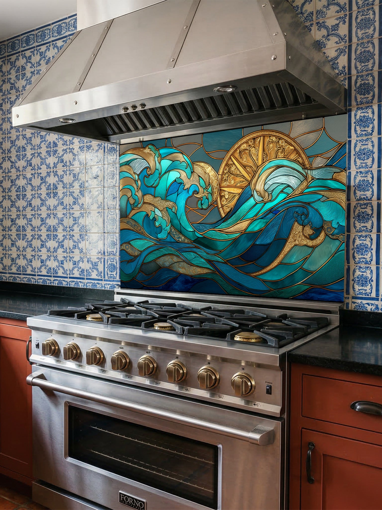 Art Deco stained glass style teal ocean waves and a golden sun UV printed on tempered glass kitchen backsplash, installed behind a modern stove.