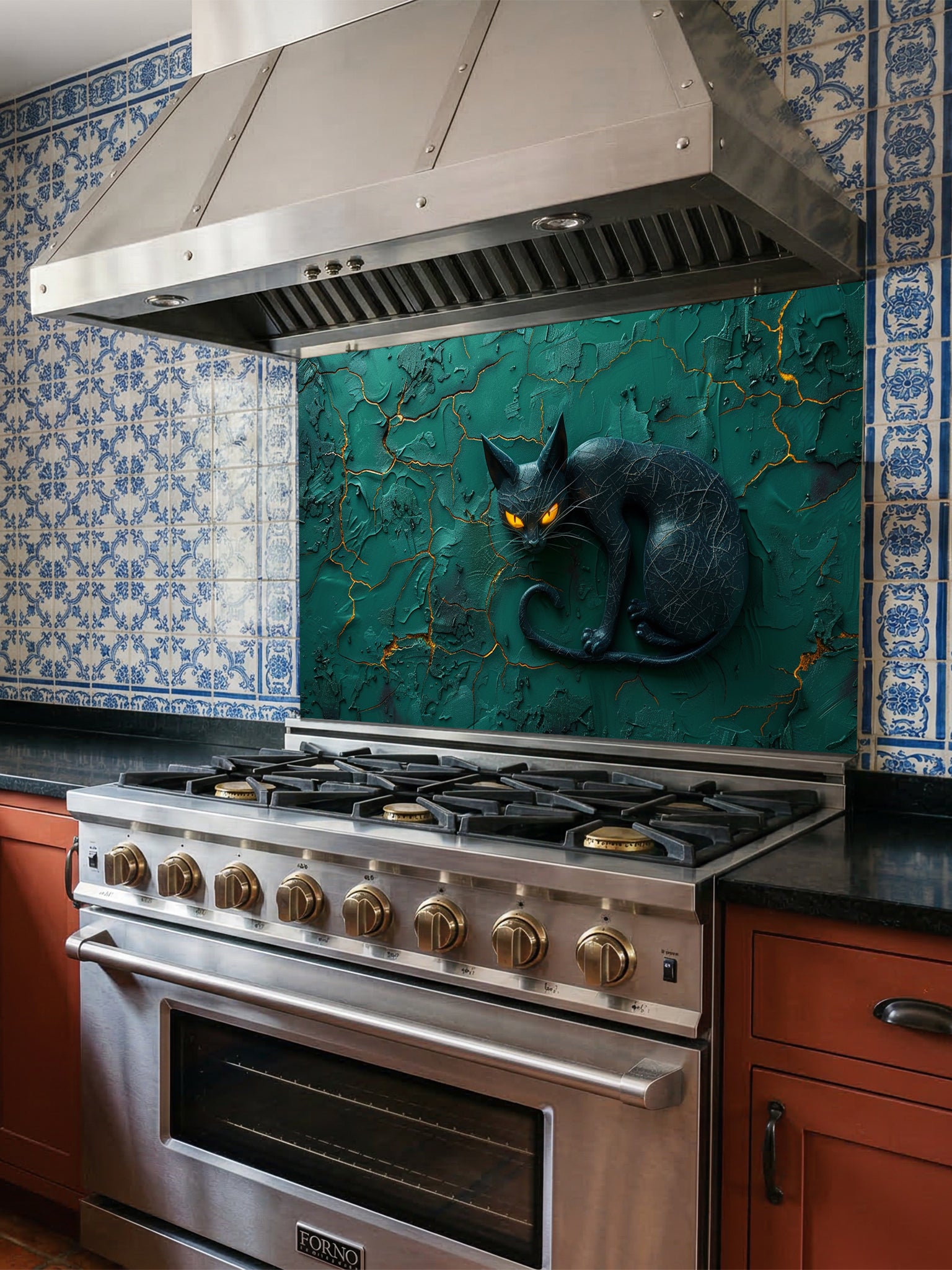 Tempered glass kitchen backsplash featuring a highly realistic 3D illusion of a sleek sculpted black cat with glowing orange eyes resting against a heavily textured emerald green plaster wall with golden kintsugi cracks, installed behind a modern black stove.