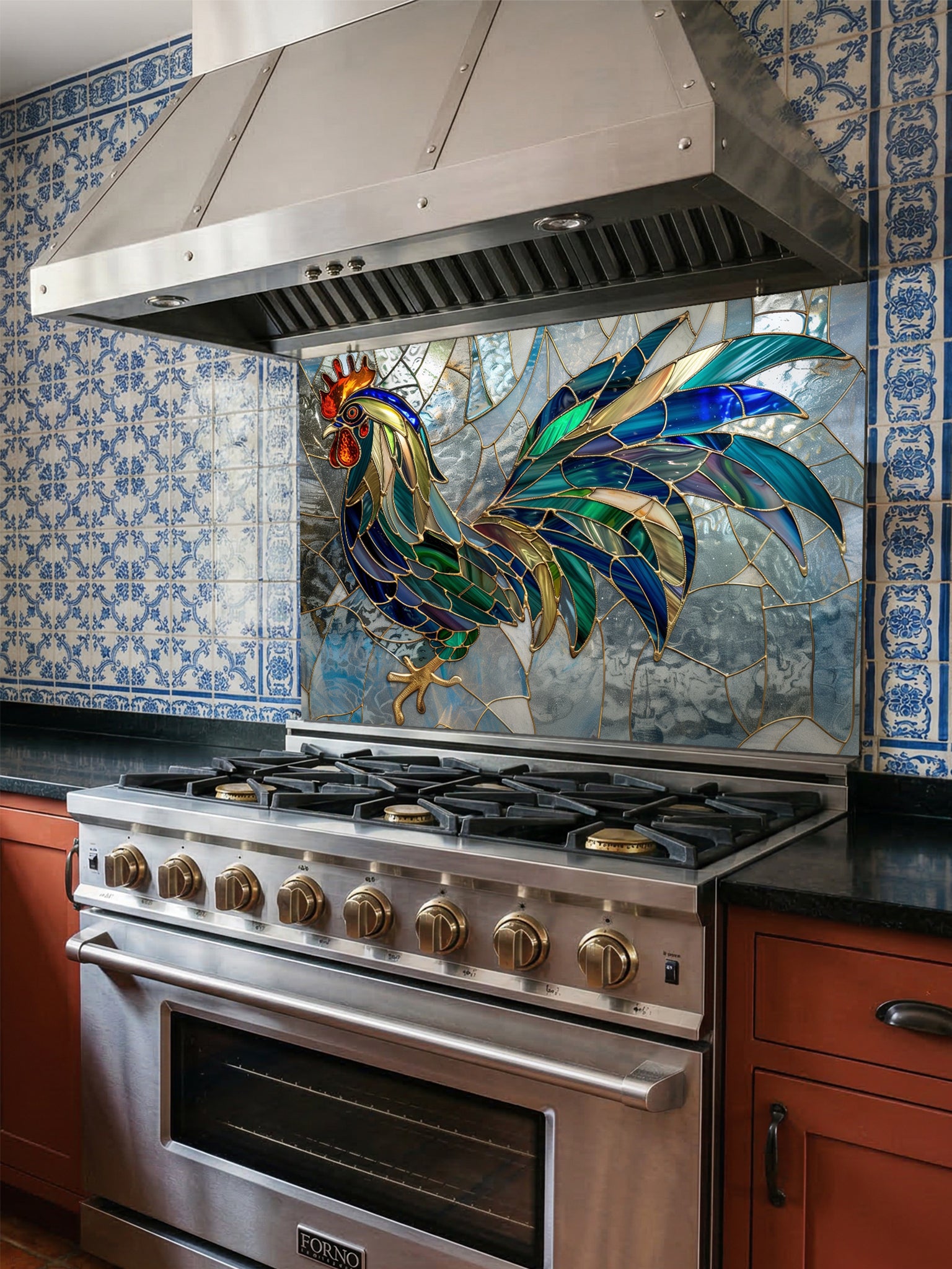 Tempered glass kitchen backsplash featuring a faux stained glass design of a rooster with teal, emerald, and navy feathers and prominent gold outlines, set against an abstract icy blue mosaic background, installed behind a modern stainless steel stove.