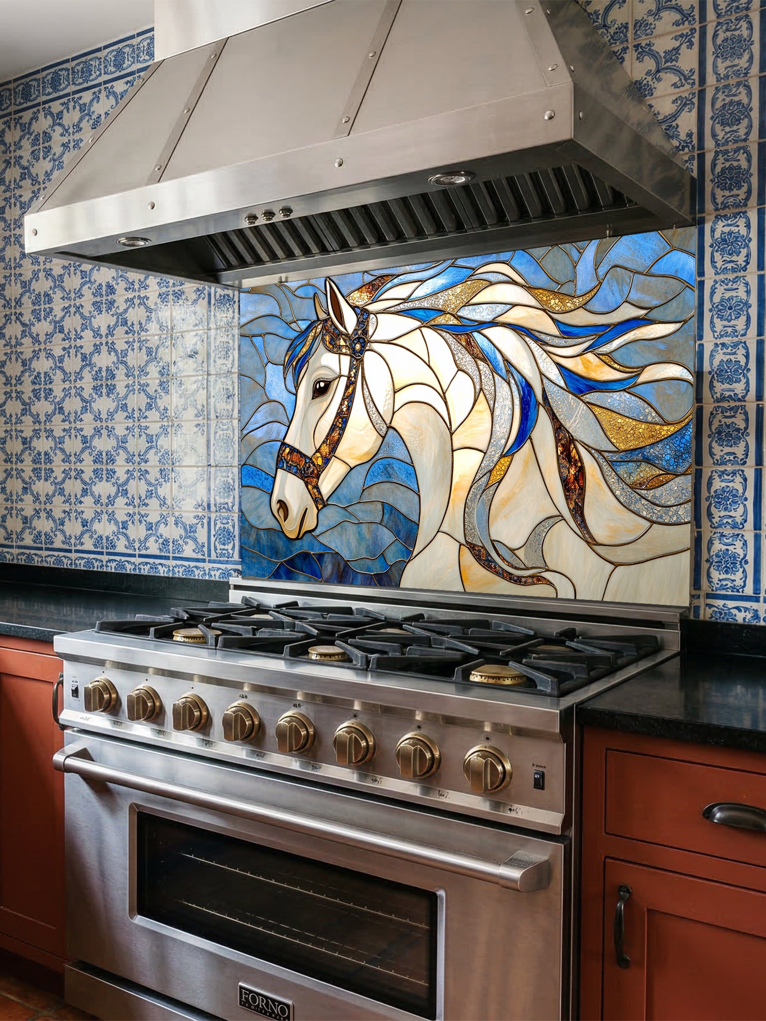 Tempered glass kitchen backsplash featuring a highly realistic 3D illusion of stained glass art showing a majestic noble white horse profile with a flowing, dynamic mane in sapphire blue and gold against a swirling blue background, installed behind a modern black stove.